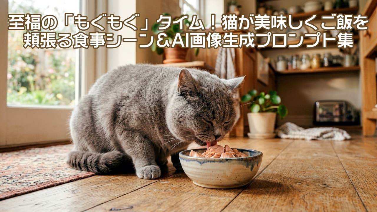「美味しいサーモンに夢中！🐟🐾ふかふかボディで一生懸命もぐもぐする姿から目が離せません✨」Ultra-realistic high-quality photograph of an adorable fluffy British Shorthair cat happily eating a piece of cooked salmon from a ceramic bowl in a cozy, sunlit kitchen background. 画面内にはブルーグレーの被毛が美しいブリティッシュショートヘアが1匹います。自然光が差し込む温かな雰囲気のキッチンで、陶器のボウルに入った調理済みのサーモンをピンク色の舌を出して夢中で舐めとっています。密生した毛並みのふかふかとした質感や、木目の床に落ちる柔らかな影が非常にリアルで豊かに描写されています
