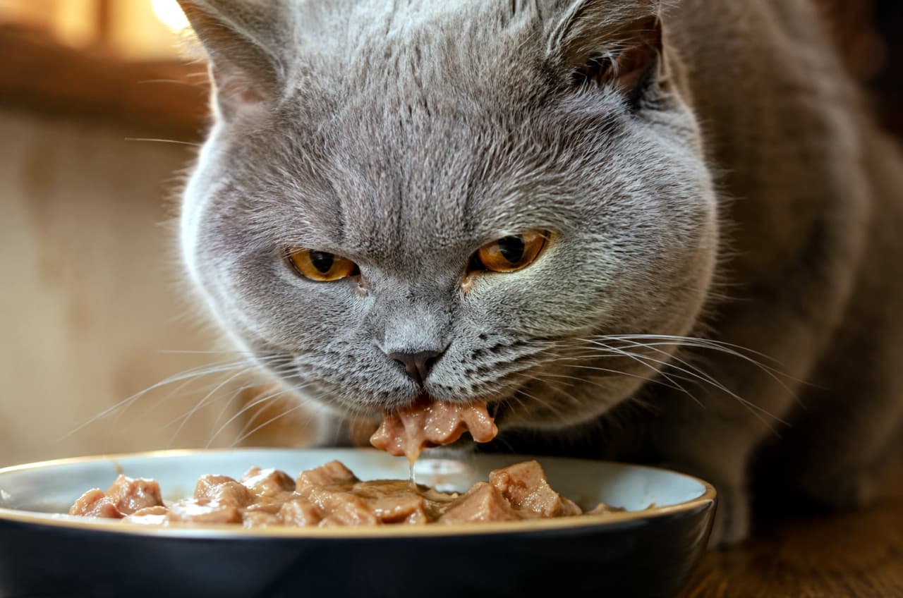「ほっぺを膨らませてモグモグ🤤✨美味しいごはんを前に全集中なブリショーさんの真剣なお顔がたまりません🍽️ #ブリティッシュショートヘア #咀嚼」Ultra-realistic high-quality close-up photograph of a chubby British Shorthair with dense blue fur and bright orange eyes, intensely eating juicy wet food from a bowl, illuminated by warm window light in a cozy indoor setting. 窓からの温かい光が差し込む室内で、ブルーの密な被毛を持つふくよかなブリティッシュショートヘアが、鮮やかなオレンジ色の瞳で皿を見つめながら、滴るほどジューシーなウェットフードを口いっぱいに頬張る瞬間を捉えたクローズアップ画像