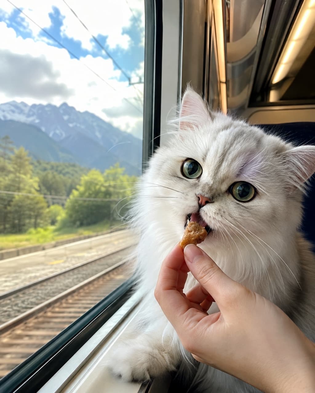 「絶景を眺めながらの車内サービス最高にゃ🚄🏔️大きな瞳でおやつを「あーん」して待つお顔にメロメロです💕 #ペルシャ #咀嚼」Ultra-realistic high-quality photograph of a Chinchilla Persian young cat with beautiful long white fur and distinct black eyeliner, sitting on a train seat with a stunning view of blue skies and snow-capped mountains outside the window, opening its large emerald green eyes wide as it takes a bite-sized treat from its owner's hand. 青空と雪山が広がる絶景の車窓を背景に、列車の座席で美しい白い長毛と黒いアイラインが特徴のチンチラシルバーのペルシャ若猫が、エメラルドグリーンの大きな瞳を見開き、飼い主の手から差し出された一口サイズのおやつをパクリと咥えようとする瞬間