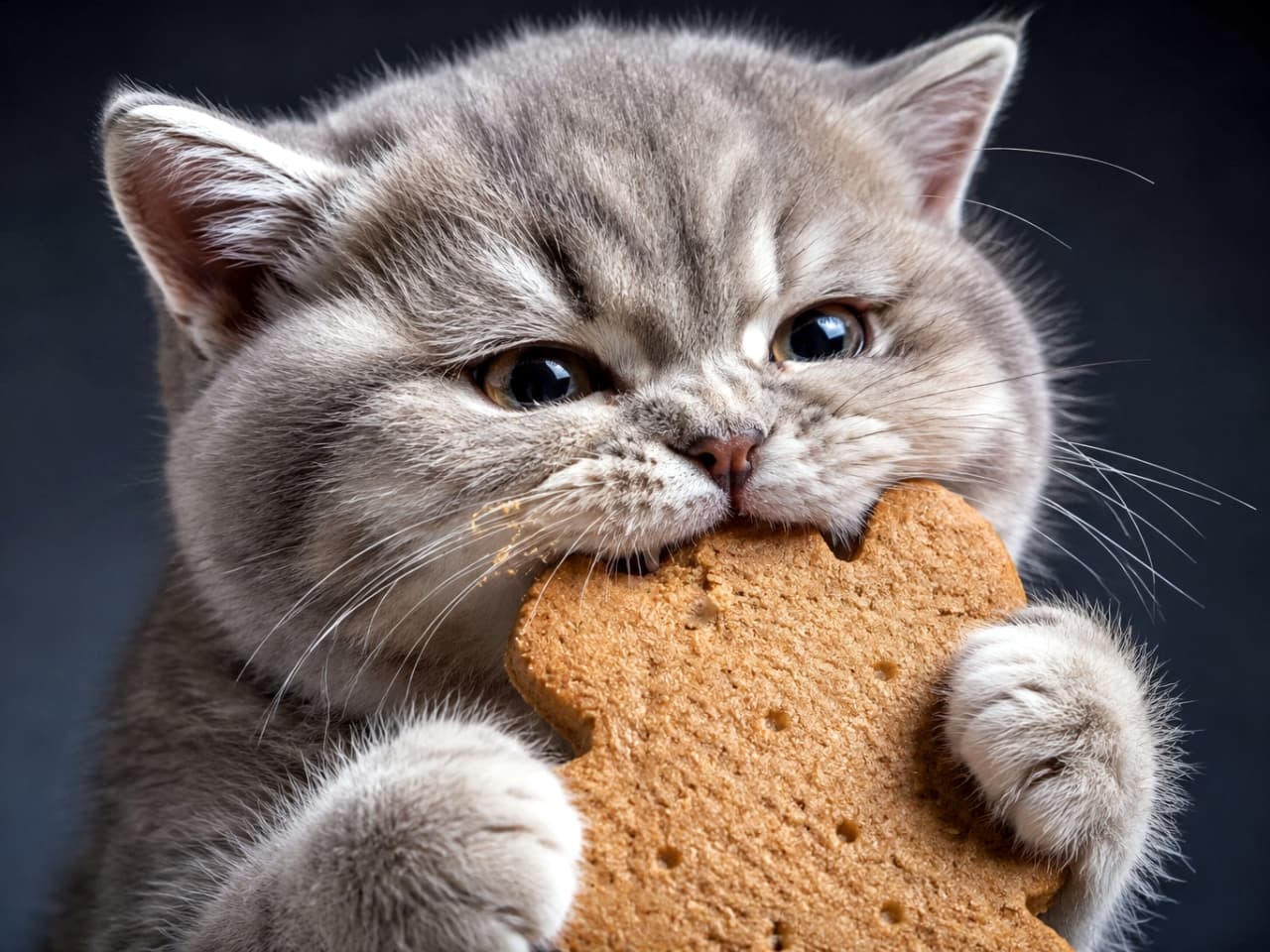 「お顔より大きなおやつを独り占め🍪💕両手でギュッと持って一生懸命かじりつく、ぽっちゃりボディがたまりません🤤 #ブリティッシュショートヘア #咀嚼」Ultra-realistic high-quality close-up photograph of a chubby British Shorthair kitten with dense blue fur against a dark grey background, firmly holding a massive star-shaped biscuit with both paws and intently biting into it with its tiny mouth. ダークグレーの背景に際立つ、密なブルーの被毛を持つふくよかなブリティッシュショートヘアの子猫が、自分の顔ほどもある星型の大きなビスケットを両前足でしっかりとホールドし、小さな口で無心にかじりつく愛らしいクローズアップ