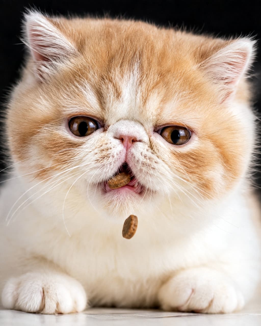 「あっ、カリカリが落ちるにゃ!🙀ペチャ鼻のエキゾさんが見せた、お食事中のちょっとドジで可愛い決定的瞬間📸 #エキゾチックショートヘア #咀嚼」Ultra-realistic high-quality photograph of a cream and white bi-color Exotic Shorthair sitting with front paws tucked against a black background, with its large copper eyes wide open, capturing a dynamic and humorous moment of a single dry kibble falling from its mouth. 黒い背景の前に香箱座りをした、クリームとホワイトのバイカラーが美しいエキゾチックショートヘア。大きな銅色の瞳を見開き、口元から1粒のドライフードが落ちるダイナミックでユーモラスな瞬間を捉えた高画質写真
