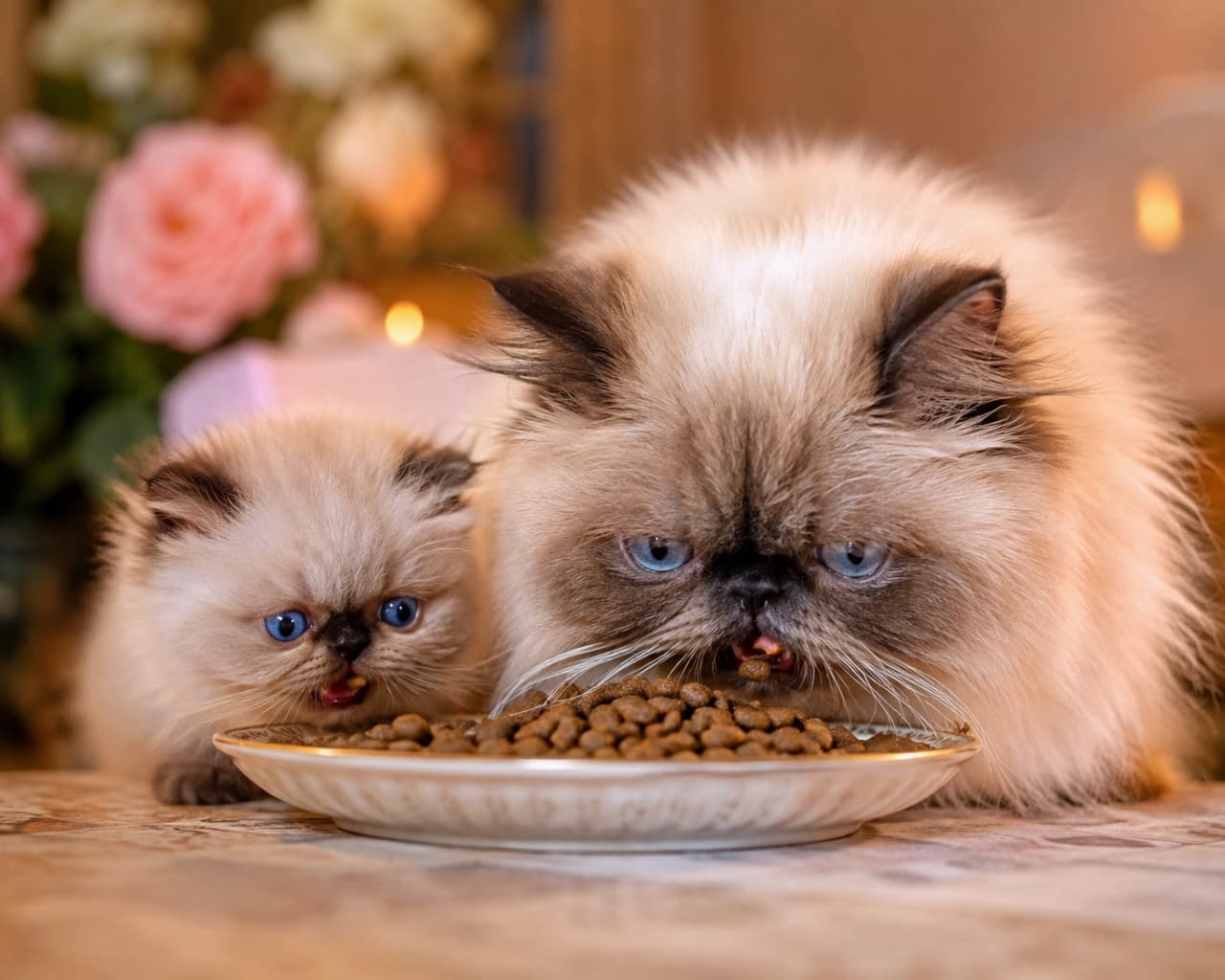 「ママと一緒に食べると美味しいね🍽️💕サファイアブルーの瞳を輝かせながら、親子で仲良くカリカリする姿に癒やされます✨ #ヒマラヤン #咀嚼」Ultra-realistic high-quality photograph of a beautiful Himalayan mother cat and her tiny kitten with striking blue eyes, eating dry food together from an elegant plate. The cozy atmosphere is enhanced by warm lighting and blurred floral decorations in the background. 暖かみのある照明と背景にぼんやりと浮かぶ花飾りの前で、豊かな被毛とブルーの瞳を持つヒマラヤンの親猫と小さな子猫が、エレガントな模様のお皿に盛られたドライフードを仲良く並んで咀嚼している、愛情あふれる食事風