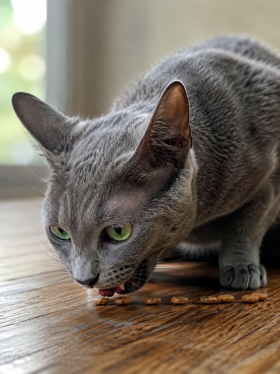 「ひとつずつ丁寧にいただきます🙏✨一列に並んだカリカリを端っこから順番に食べるお行儀の良さが最高すぎます🐈 #コラット #咀嚼」Ultra-realistic high-quality low-angle photograph of a sleek Korat young cat with glowing silver-blue fur, sequentially eating dry kibbles lined up on a wooden floor illuminated by soft light from a window. Its emerald green eyes show a serious expression focused on the food. 窓からの柔らかな光が差し込む木の床で、スリムで優美なコラットの若猫が、シルバーブルーの被毛を輝かせながら、床に一列に並べられたドライフードを端から順番に食べているローアングル写真。エメラルドグリーンの瞳がフードを捉える真剣な表情
