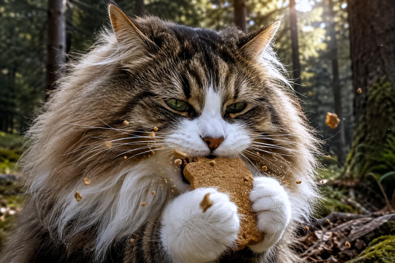 「森の中のおやつタイムは豪快に🍪🌲おててでしっかり持ってガブッ!といくワイルドな食べっぷりが最高です🐾 #ノルウェージャンフォレストキャット #咀嚼」Ultra-realistic high-quality photograph of a fluffy brown tabby and white long-haired cat, resembling a Norwegian Forest Cat, holding a large biscuit with both paws and biting into it wildly with crumbs flying, set in a beautiful sunlit forest. 木漏れ日が差し込む美しい森の中で、豊かなブラウンタビー&ホワイトの被毛を持つノルウェージャンフォレストキャット風の長毛猫が、両前足で大きなビスケットを掴み、粉を豪快に飛び散らせながらワイルドに噛み砕く大迫力の写真