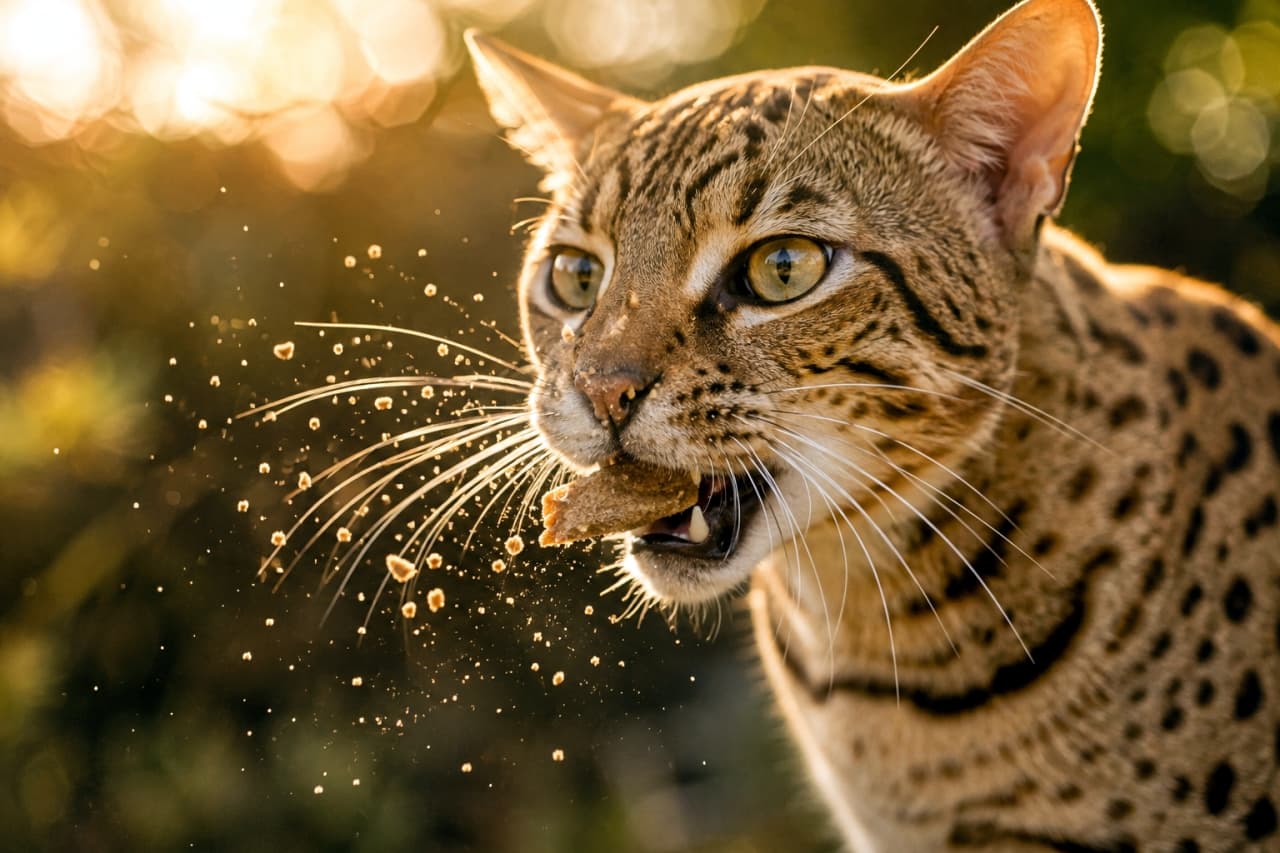 「カリッ!と弾ける大迫力💥黄金色の夕日を背に、ワイルドにおやつを噛み砕くオシキャットさんの躍動感に惚れ惚れ🐈 #オシキャット #咀嚼」Ultra-realistic high-quality action photograph of a wild-looking Ocicat with beautiful rosette patterns biting into a crunchy treat, with countless crumbs exploding in mid-air beautifully backlit by the golden hour sunset, capturing extreme dynamism. 黄金色に輝く夕日をバックに、美しいロゼット模様を持つ野生的なオシキャットが、口を開けてカリカリのおやつを噛み砕く大迫力の瞬間。宙に弾け飛ぶ無数の食べかすがドラマチックな逆光に照らされ、躍動感と生命力に満ち溢れています