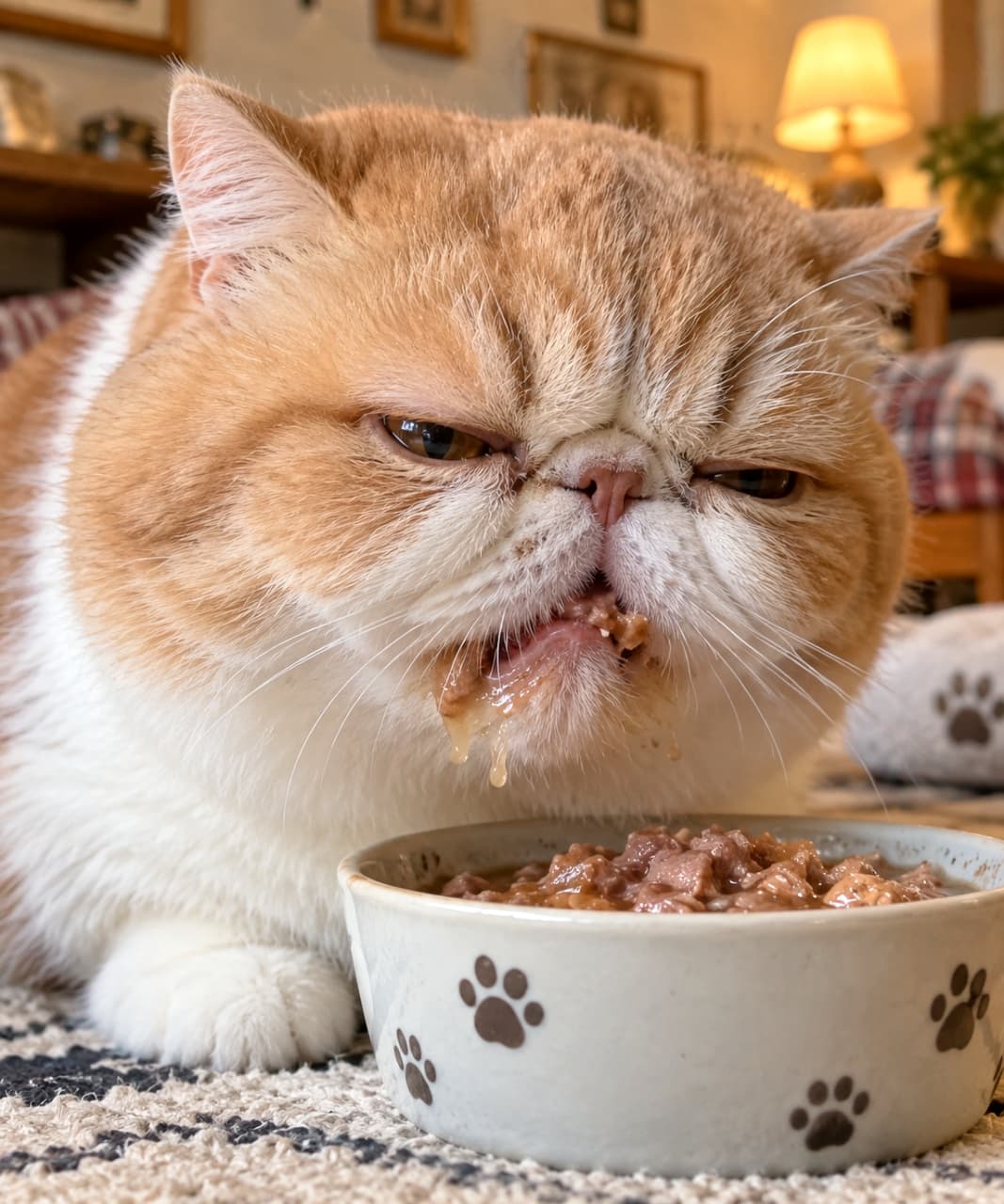 「美味しすぎてお顔が大変なことに🍽️🔥お肉を無心で噛みしめるオレンジ白のエキゾさん、食いしん坊全開です😋 #エキゾチックショートヘア #咀嚼」Ultra-realistic high-quality close-up photograph of a chubby orange and white Exotic Shorthair cat chewing intently, with wet food all over its mouth, eating from a paw-print bowl in a cozy room with warm background lamp light. 肉球マークのついた可愛いボウルを前に、オレンジとホワイトの被毛を持つふくよかなエキゾチックショートヘアが、口の周りにウェットフードをたっぷりつけながら無心に咀嚼している様子。背景のランプの光がアットホームな情景を引き立てるクローズアップ画像