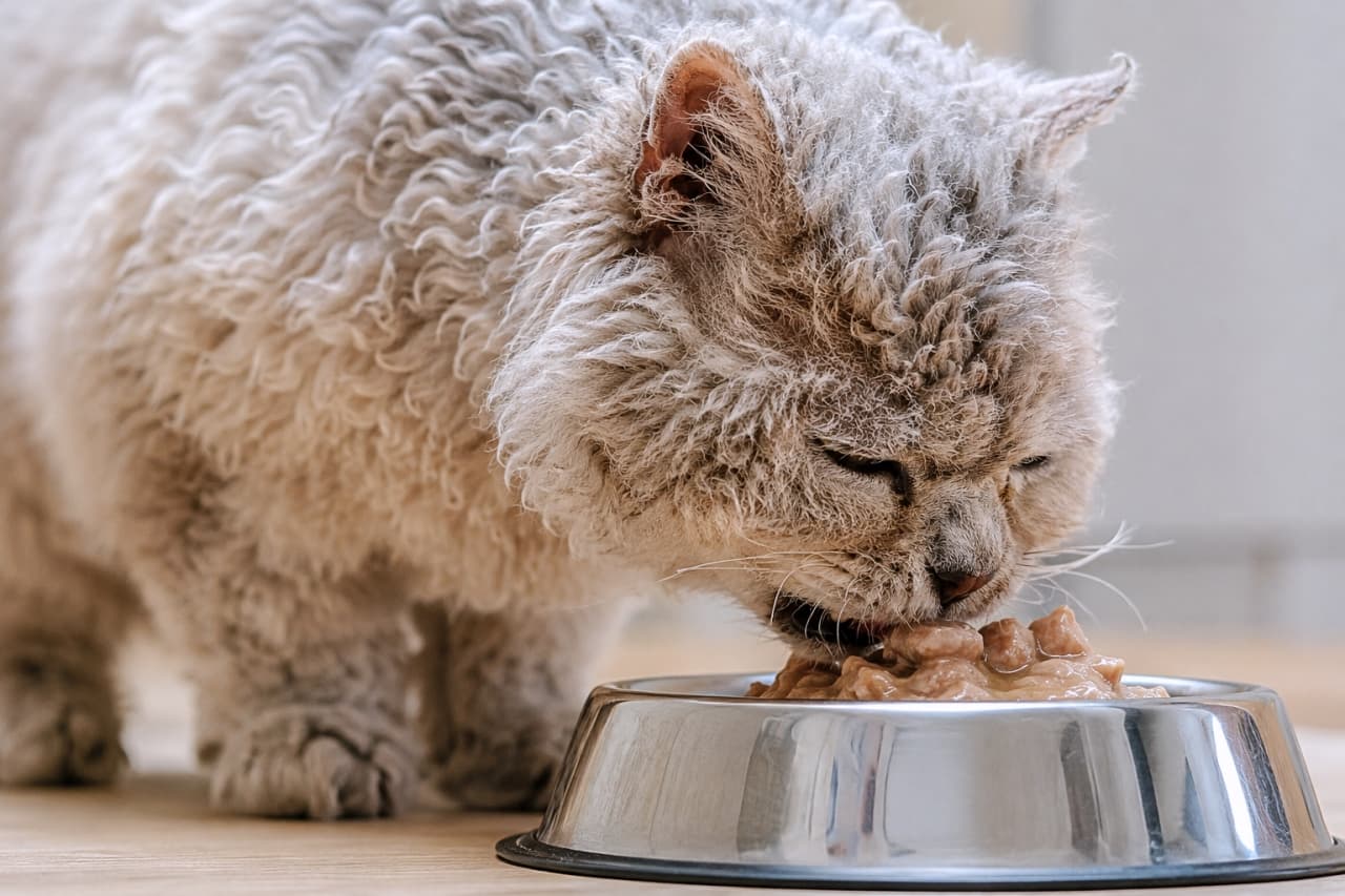 「モコモコの被毛がたまらない☁️✨ごはんを一生懸命もぐもぐする巻き毛猫さんの真剣なお顔に釘付けです🍽️ #セルカークレックス #咀嚼」Ultra-realistic high-quality photograph of a Selkirk Rex-style cat with a distinctive curly, sheep-like coat, narrowing its eyes as it intently chews wet food from a stainless steel bowl in a softly lit room. 柔らかな自然光が差し込む室内で、羊のようにモコモコとした被毛が特徴のセルカークレックス風の猫が、目を細めてステンレスのボウルに入ったウェットフードを無心に咀嚼している様子。特有の巻き毛の美しい質感が際立つ高画質写真