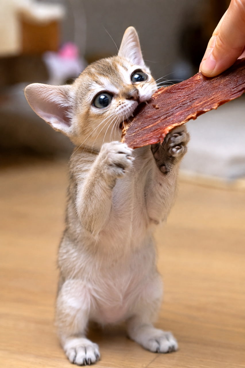 「自分の体より大きなおやつに全力投球🥩🔥両手でしっかり掴んで立ち上がる子猫ちゃんの必死な姿が尊すぎます🥺 #シンガプーラ #咀嚼」Ultra-realistic high-quality photograph of a tiny Singapura-style kitten standing on its hind legs, desperately holding a large piece of jerky offered by a human hand with both front paws, and taking a big bite with its large eyes wide open. 室内で、大きな耳とアーモンド型の瞳を持つシンガプーラ風の小さな子猫が、後ろ足で立ち上がり、人間の手から差し出された大きなジャーキーを両前足で必死に掴んでかぶりつく姿。全身を使って食欲をアピールする愛らしい瞬間を捉えた高画質写真