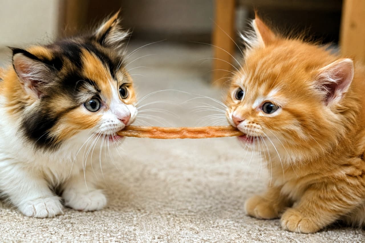 「どっちも譲れないっ!🔥1本のおやつをめぐる、ふわふわ子猫たちの真剣すぎる綱引き勝負が可愛すぎます🐾 #子猫 #咀嚼」Ultra-realistic high-quality photograph of two fluffy long-haired kittens, a calico and an orange tabby, facing each other on a carpet and intensely playing tug-of-war with a single long stick treat in their mouths. カーペットが敷かれた室内で、ふわふわな長毛の三毛猫と茶トラの2匹の子猫が向かい合い、1本の細長いスティック状のおやつを両端から同時に咥え、真剣な丸い瞳で引っ張り合いの「綱引き」をしている躍動感あふれる光景