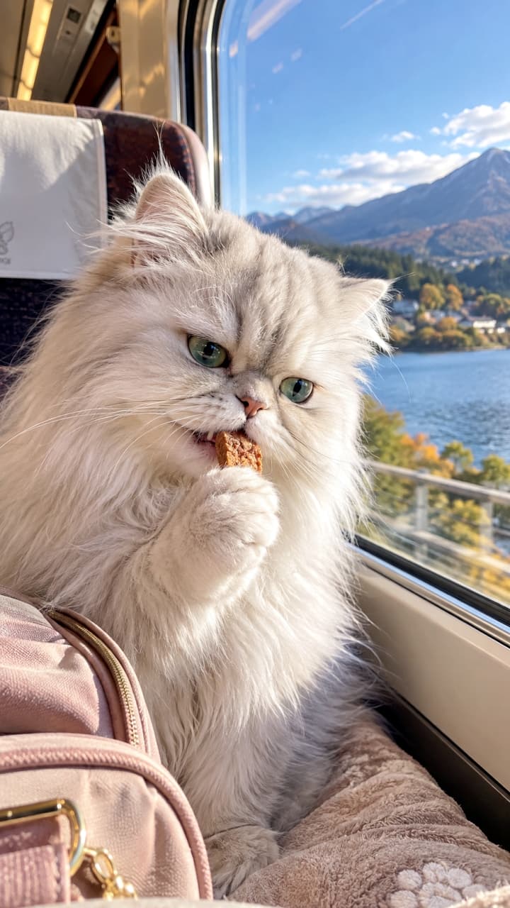 「絶景の特等席でおやつタイム🚄✨おててで大事そうに持ってモグモグする姿がたまらなく愛おしいです💕 #ペルシャ #咀嚼」Ultra-realistic high-quality photograph of a beautiful white long-haired Persian cat sitting by a train window with a scenic lake and mountain view, holding a treat in its paw and chewing it intently with bright emerald green eyes. 景色の良い特急列車の窓辺で、美しい純白の長毛を持つペルシャ猫が、エメラルドグリーンの瞳を輝かせながら、前足で器用におやつを持ち無心に頬張る様子を捉えた、自然光が柔らかい高画質写真