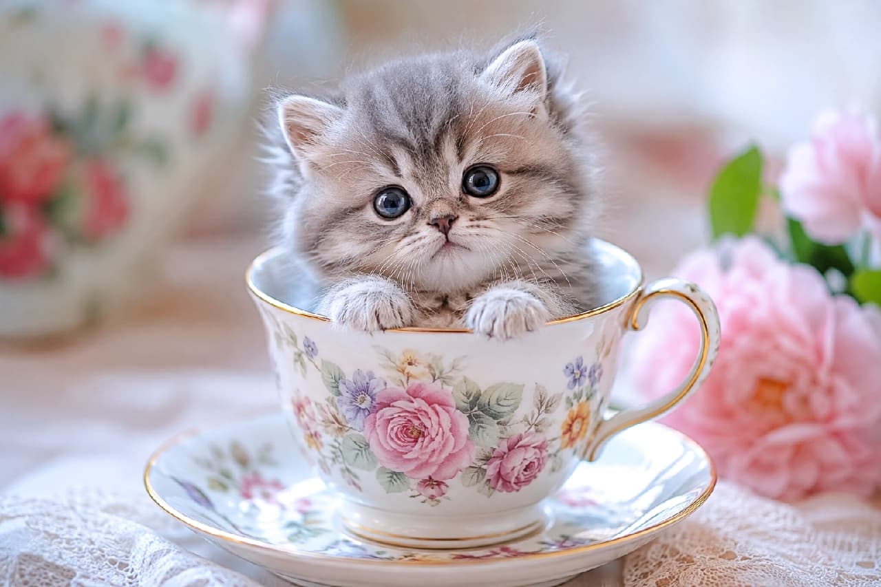 「とびきり甘いティータイムはいかが？☕️🌸 カップにすっぽり入っちゃう小ささに心惹かれますね💕 #ミヌエット #子猫のいる風景」Ultra-realistic high-quality photograph of a silver tabby Minuet kitten fitting perfectly inside an elegant floral teacup, resting its front paws lightly on the rim. The kitten looks at the camera with clear sapphire-blue eyes. The surrounding is decorated with pale pink peonies and soft lace, creating a graceful and romantic atmosphere. エレガントな花柄のティーカップの中にすっぽりと入り込み、縁に両前足をちょこんとかけたシルバータビーのミヌエットの子猫。サファイアブルーの透明感ある瞳がカメラを見つめています。周囲には淡いピンクのピオニーや柔らかなレースが飾られ、優雅でロマンチックな世界観