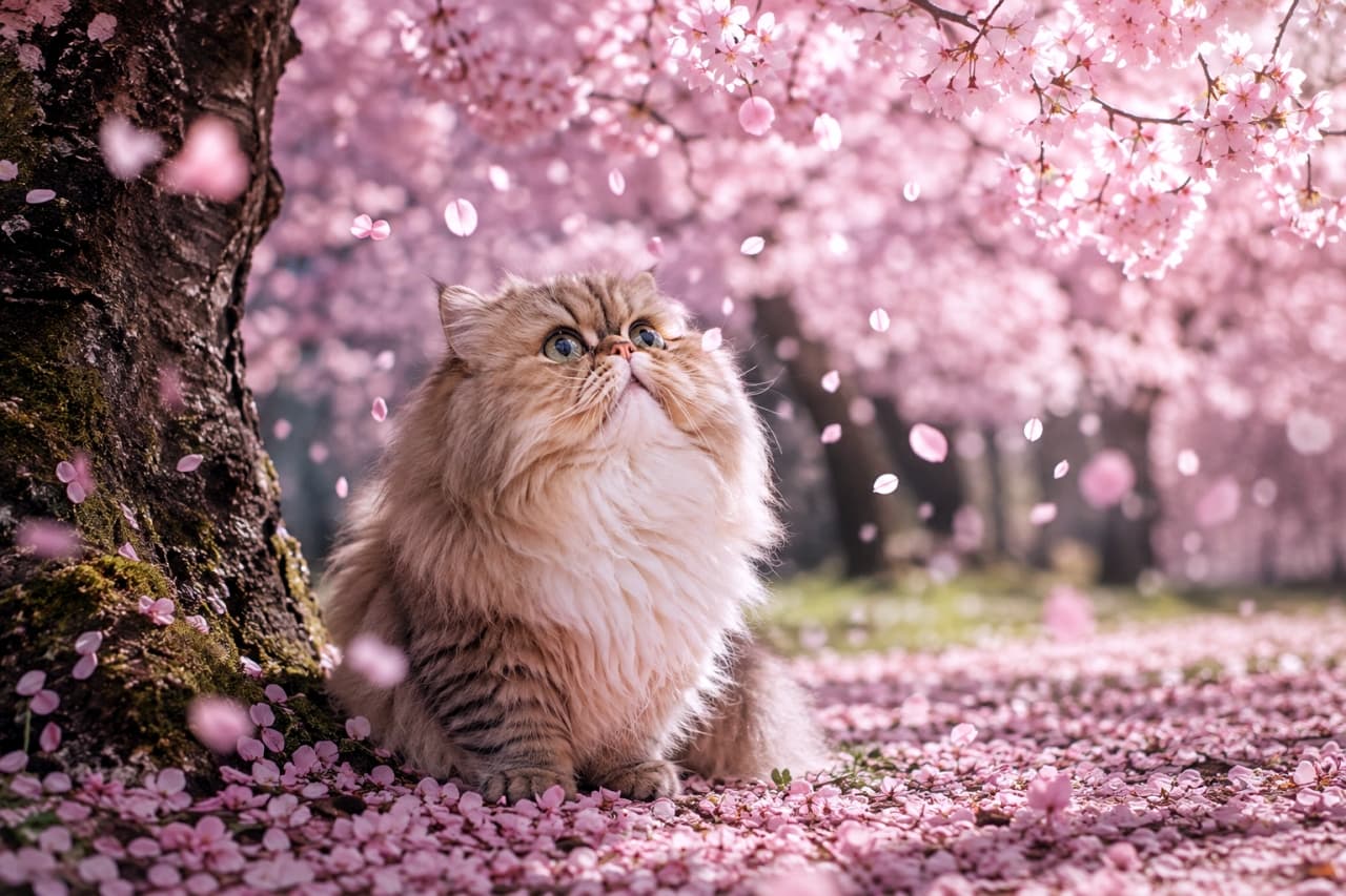 「ひらひら舞い散る桜の花びらに興味津々🌸🐾春の魔法にかけられたような、美しいワンシーンのおすそ分けです🐈✨ #ミヌエット #猫のいる風景」Ultra-realistic high-quality photograph of a long-haired golden tabby Minuet cat looking up in wonder at falling pink petals under a cherry blossom tree in full bloom. Its magnificent fur glows in the soft spring backlight, with a carpet of petals creating a dramatic, magical spring scene. 満開の桜の木の下で、はらはらと舞い散るピンクの花びらを不思議そうに見上げる長毛のミヌエット。見事なゴールデンタビーの被毛が春の柔らかな逆光に輝き、足元に敷き詰められた桜の絨毯がドラマチックで幻想的な春の情景を描き出しています