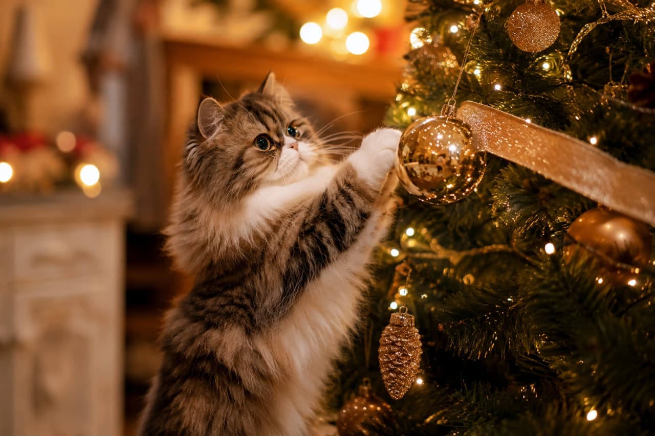 「ツリーの飾り付けはお手伝い？それともイタズラ？🎄🐾キラキラ光るお目々で見つめられたら許しちゃいますね🎁 #ミヌエット #猫のいる風景」Ultra-realistic high-quality photograph of a long-haired brown tabby and white Minuet cat standing on its hind legs, reaching its short front paws towards a gold ornament on a glowing Christmas tree. Its round eyes reflecting the warm bokeh lights convey the excitement of a winter night. 暖かなイルミネーションが輝くクリスマスツリーの前に立ち、短い前足で真っ直ぐにゴールドのオーナメントへ手を伸ばす長毛のミヌエット。ブラウンタビー＆ホワイトの美しい被毛と、光を反射して輝く丸い瞳が冬の夜のワクワク感を伝えます