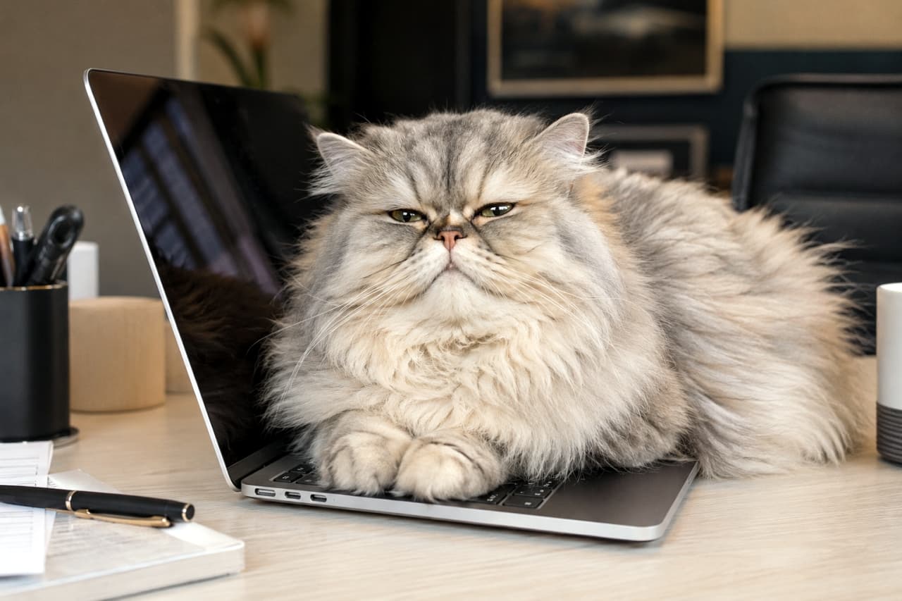「リモートワーク最大の試練発生！？💻🐾 どや顔でパソコンを占拠されて、今日のお仕事は強制終了です😂 #ミヌエット #猫のいる風景」Ultra-realistic high-quality photograph of a long-haired silver tabby Minuet cat occupying a laptop keyboard on an office desk, sitting heavily in a loaf position. It features a slightly grumpy, sleepy expression and fluffy fur reflected on the screen, with office supplies and a chair in the background creating a realistic workday scene. オフィスデスクに置かれたノートパソコンのキーボード上にどっしりと香箱座りをして占拠する、長毛でシルバータビーのミヌエット猫。少し不機嫌そうな眠たげな表情と、画面に反射するもふもふの被毛が印象的です。背景の文房具やオフィスチェアが、リアルな仕事中の一コマを演出