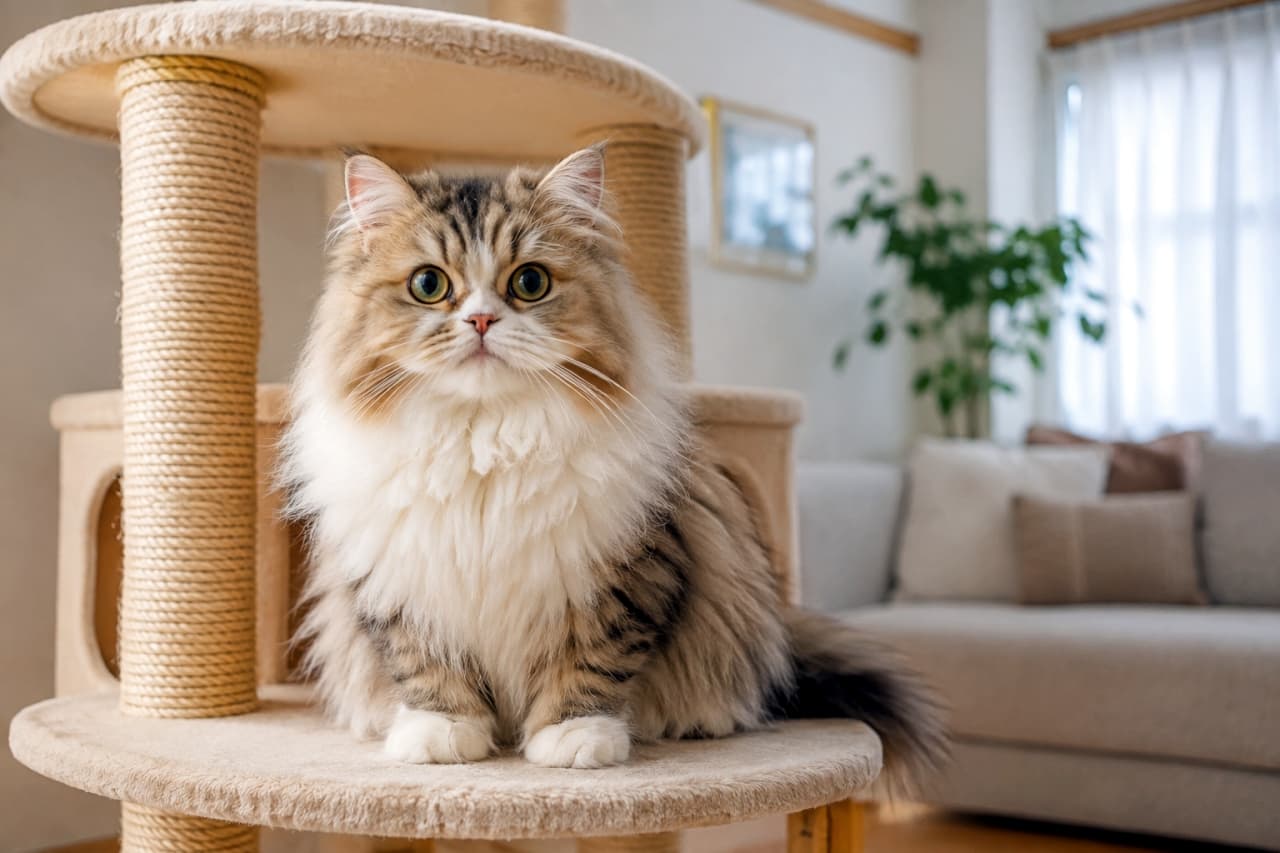 「キャットタワーの特等席からリビングをパトロール中🐈✨モフモフの胸毛と大きな瞳のカメラ目線に癒やされますね🌿 #ミヌエット #猫のいる風景」Ultra-realistic high-quality photograph of a long-haired brown tabby and white Minuet cat sitting gracefully on a beige cat tree in a bright, modern living room. Its magnificent chest frill and large round eyes looking directly at the camera evoke a peaceful, elegant everyday life. 明るく清潔感のあるモダンなリビングルームで、ベージュのキャットタワーの上にちょこんとお座りをする長毛のミヌエット。見事なブラウンタビー＆ホワイトの飾り毛と、カメラを真っ直ぐに見つめる大きな丸い瞳が、優雅で穏やかな日常を感じさせます