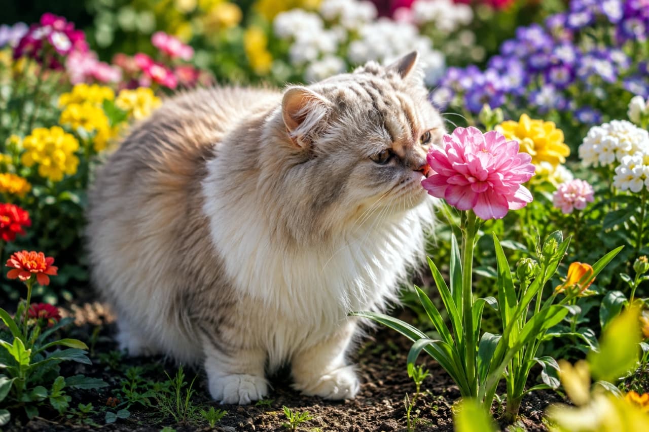 「お花のいい匂いするかな？🌸🐾春の陽だまりの中でお花と内緒話をしているみたいな素敵な一枚です🐈 #ミヌエット #猫のいる風景」Ultra-realistic high-quality photograph of a long-haired Minuet cat gently smelling a large pink flower in a vibrant spring garden. Its beautiful cream and pale gray fur is illuminated by the sunlight, capturing a peaceful moment in nature. 色鮮やかな花々が咲き乱れる春の花畑で、目を細めて大きなピンクの花の香りを嗅いでいる長毛種のミヌエット。クリーム色と淡いグレーが混ざった美しい被毛が陽の光に透け、自然の中での穏やかな瞬間を捉えています