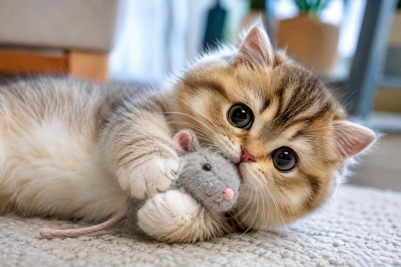 「お気に入りのネズミさんは絶対に離さないよ！🐭🐾ぎゅっと抱きしめる姿がたまらなく愛おしい瞬間です🐈 #ミヌエット #子猫のいる風景」Ultra-realistic high-quality photograph of a golden tabby Minuet kitten lying on a carpet, tightly cuddling a gray plush mouse toy with its short front paws. Its large round eyes looking up at the camera capture the innocence after a playful session. カーペットの上でゴロンと横になり、グレーのネズミのぬいぐるみを短い両前足でしっかりと抱え込んでいるゴールデンタビーのミヌエットの子猫。少し上目遣いでカメラを見つめる大きくて丸い瞳が、遊び疲れた後の無邪気さを表現