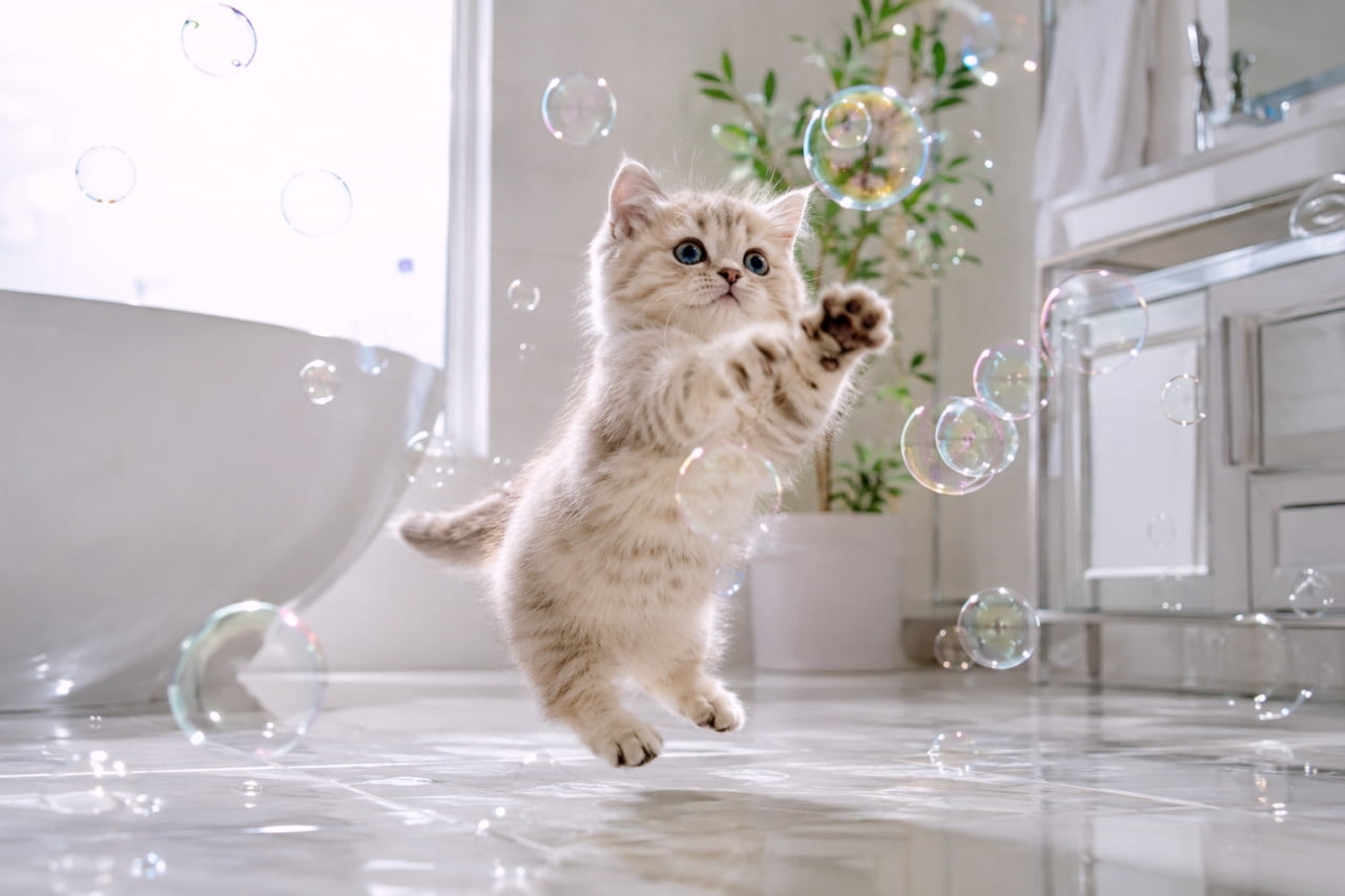 「そぉーれっ！シャボン玉つかまえるぞー！🫧🐾 元気いっぱいな大ジャンプにパワーをもらえますね✨ #ミヌエット #子猫のいる風景」Ultra-realistic high-quality photograph of a silver tabby Minuet kitten energetically jumping with front paws spread out to catch rainbow-colored bubbles in a bright, clean, modern bathroom. The marble-like floor reflects water droplets and shadows, beautifully capturing a refreshing and dynamic moment. 明るく清潔感のあるモダンなバスルームで、空中に浮かぶ虹色のシャボン玉に向かって両前足を広げて元気いっぱいにジャンプする、シルバータビーのミヌエットの子猫。大理石調の床に水滴と影が反射し、躍動感あふれる一瞬を見事に捉えた爽やかな情景