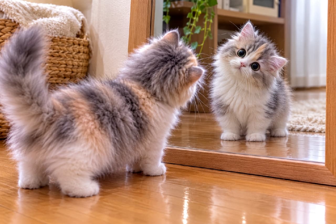 「鏡の中にいる可愛い子は誰かな？🪞🐾 不思議そうに見つめる丸いおめめから目が離せません✨ #ミヌエット #子猫のいる風景」Ultra-realistic high-quality photograph of a pastel calico Minuet kitten looking curiously at its reflection in a wooden mirror. The image captures its fluffy fur, short perked-up tail, and large round green-yellow eyes seen through the glass. Natural light fills the room, and the warm wooden floor creates a peaceful, everyday scene. 木製の鏡に映る自分の姿を不思議そうに見つめる、パステル三毛（ダイリュートキャリコ）のミヌエットの子猫。ふわふわの被毛、ピンと立った短い尻尾、そして鏡越しの大きくて丸いグリーンイエローの瞳が捉えられています。室内には自然光が入り、暖かみのあるフローリングが日常の穏やかな情景を演出