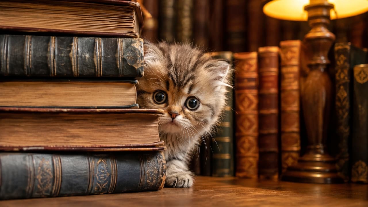 「読書の時間はちょっとお休み？📚✨ 古書の陰から覗く丸い瞳に見つめられたら、もう目が離せません🐈💕 #ミヌエット #子猫のいる風景」Ultra-realistic high-quality photograph of a brown classic tabby Minuet kitten peeking out from behind a stack of antique books. The kitten features soft fluffy fur and large, curious round eyes. The background is illuminated by the warm glow of a lamp, creating a nostalgic and intellectual study atmosphere. アンティークな古書の山の陰からひょっこりと顔を出す、ブラウンスカウトタビーのミヌエットの子猫。柔らかなもふもふの被毛と、好奇心いっぱいの大きな丸い瞳が印象的です。背景には暖かなランプの光が灯り、ノスタルジックで知的な書斎の雰囲気を演出