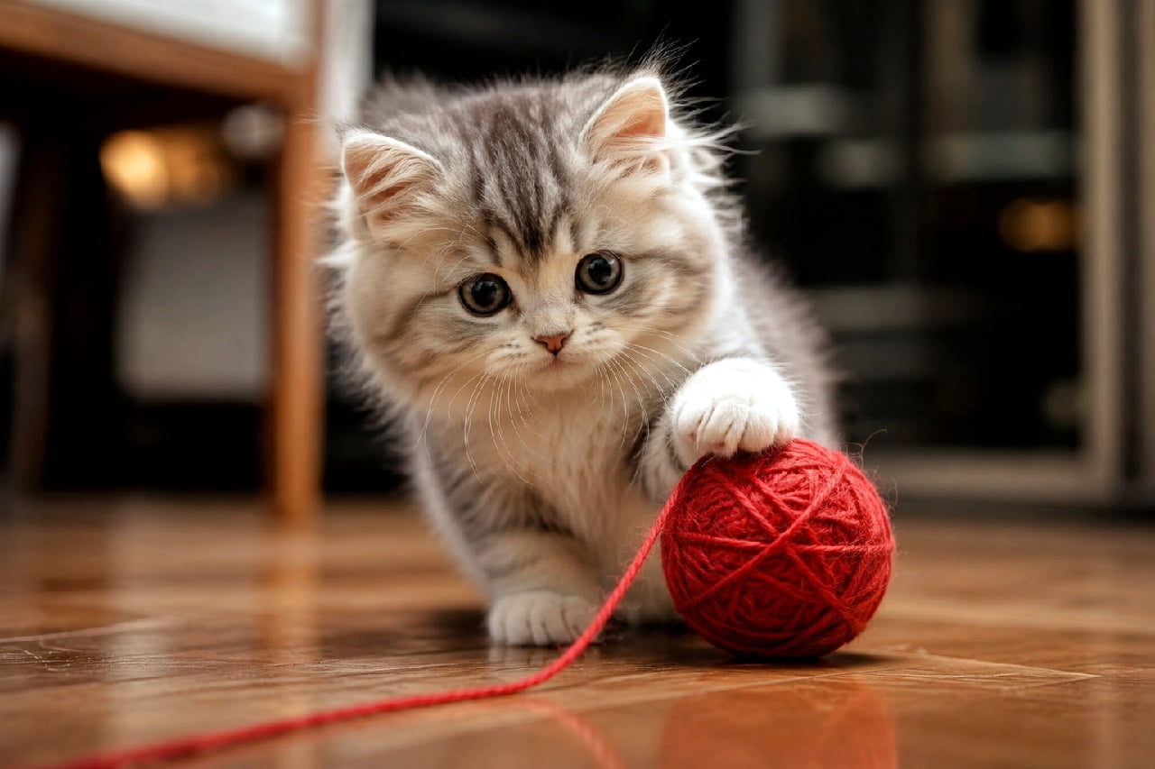 「赤い毛糸玉を見つけて遊びモード全開！🧶🐾 狙いを定める真剣なお顔も最高にチャーミングですね🐈✨ #ミヌエット #子猫のいる風景」Ultra-realistic high-quality photograph of a silver tabby Minuet kitten resting its short front paw on a bright red ball of yarn on a polished wooden floor, ready to play. The dynamic, slightly forward-leaning pose and serious expression are perfectly captured. The subdued indoor background beautifully highlights the red yarn and the kitten. 艶やかなフローリングの床の上で、鮮やかな赤い毛糸玉に短い前足を乗せて遊ぼうとするシルバータビーのミヌエットの子猫。少し前傾姿勢になったダイナミックなポーズと、狙いを定める真剣な表情が捉えられています。背景の落ち着いた室内が、赤い毛糸玉と猫の存在感を際立たせています