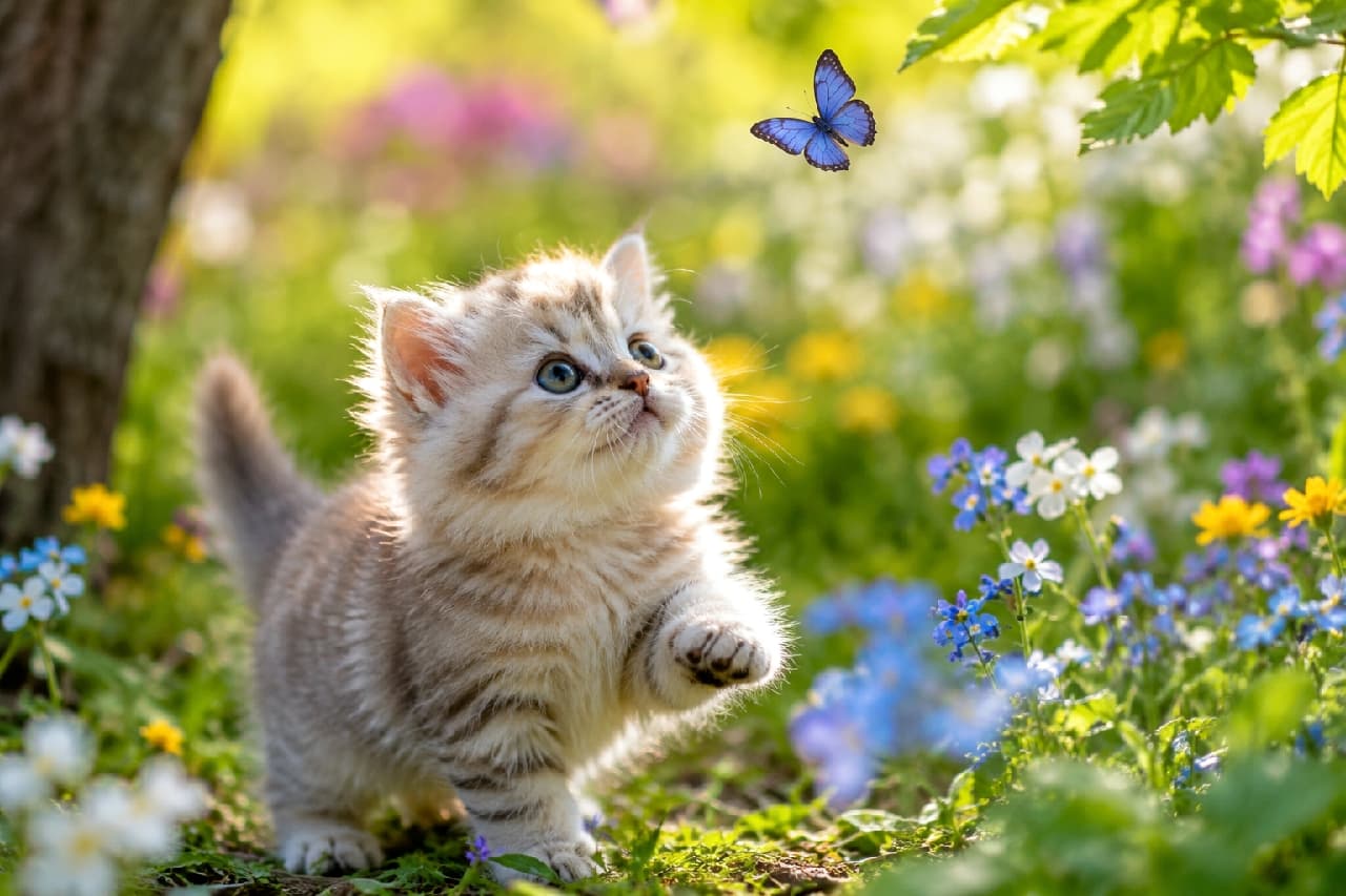 「春のお庭で小さなハンターが大冒険中🐾🌼 綺麗な青い蝶をつかまえられるかな？応援したくなりますね✨ #ミヌエット #子猫のいる風景」Ultra-realistic high-quality photograph of a silver tabby Minuet kitten reaching its front paw towards a blue butterfly in a sunlit spring flower garden. The image captures the beautiful texture of its long fur blowing in the breeze and its earnest profile, surrounded by vibrant blue, yellow, and white delicate spring flowers. 柔らかな春の陽光が差し込む花畑で、ふわりと舞う青い蝶を見上げて前足を伸ばすシルバータビーのミヌエットの子猫。風にそよぐ長毛の美しい質感と、真剣な横顔が捉えられています。周囲には青や黄色の可憐な春の花が咲き乱れ、生命力あふれる爽やかな情景