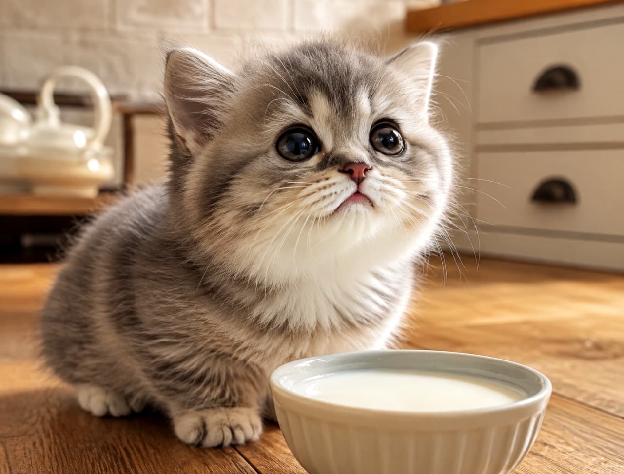 「ごはんの時間はまだかな？🥛🐾 ミルクを前に目を輝かせる姿に、何でもあげたくなっちゃいますね💕#ミヌエット #子猫のいる風景」Ultra-realistic high-quality photograph of a silver tabby Minuet kitten sitting on a beautiful wooden floor in front of a white bowl filled with milk. It looks up with large, clear black eyes, capturing an adorable expression full of expectation. The natural kitchen background adds a touch of warmth. 木目の美しいフローリングの上で、なみなみと注がれたミルクの白いボウルを前にしてお座りする、シルバータビーのミヌエットの子猫。大きく澄んだ黒い瞳で上目遣いをする、期待に満ちた愛らしい表情が捉えられています。背景のナチュラルなキッチンの雰囲気が温かみを添えています