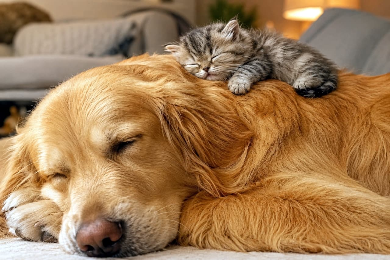 「大きな背中は世界一安心できるベッド🐶💤種を超えた仲良しコンビの寝顔に癒やされちゃいますね✨ #ミヌエット #子猫のいる風景」Ultra-realistic high-quality photograph of a silver tabby Minuet kitten sleeping peacefully on the fluffy back of a gentle Golden Retriever. Warm indoor lighting softly illuminates the bond and peaceful sleeping faces of the two animals. 優しいゴールデンレトリバーのふかふかな背中の上に乗って、安心してスヤスヤと眠るシルバータビーのミヌエットの子猫。柔らかな暖色系の室内灯が、種を超えた2匹の絆と穏やかな寝顔を温かく照らし出しています