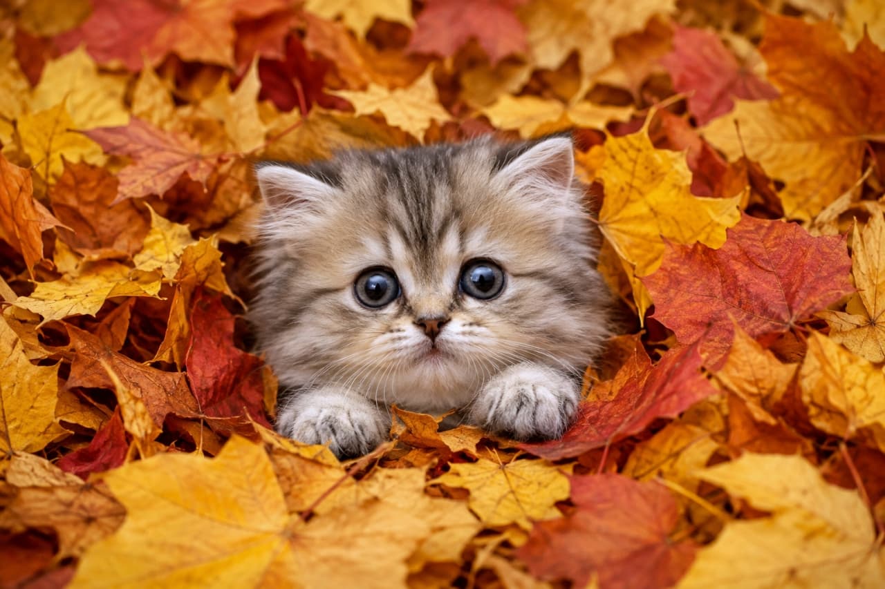 「落ち葉のベッドでかくれんぼ！🍂🐾 秋色の中からひょっこりお顔を出した小さな妖精さんを発見です✨ #ミヌエット #子猫のいる風景」Ultra-realistic high-quality photograph of a brown tabby Minuet kitten completely buried in vibrant red, orange, and yellow autumn leaves, with only its face and small front paws visible. Its large, round, curious eyes look straight at the camera. The rich autumn colors beautifully complement the kitten's soft fur. 赤やオレンジ、黄色の鮮やかな秋の落ち葉にすっぽりと体を埋もれさせ、顔とちょこんとした両前足だけを出しているキジトラ模様のミヌエットの子猫。好奇心旺盛な大きくて丸い瞳がカメラを真っ直ぐに見つめています。秋の豊かな色彩が、子猫の柔らかな毛色を美しく引き立てています