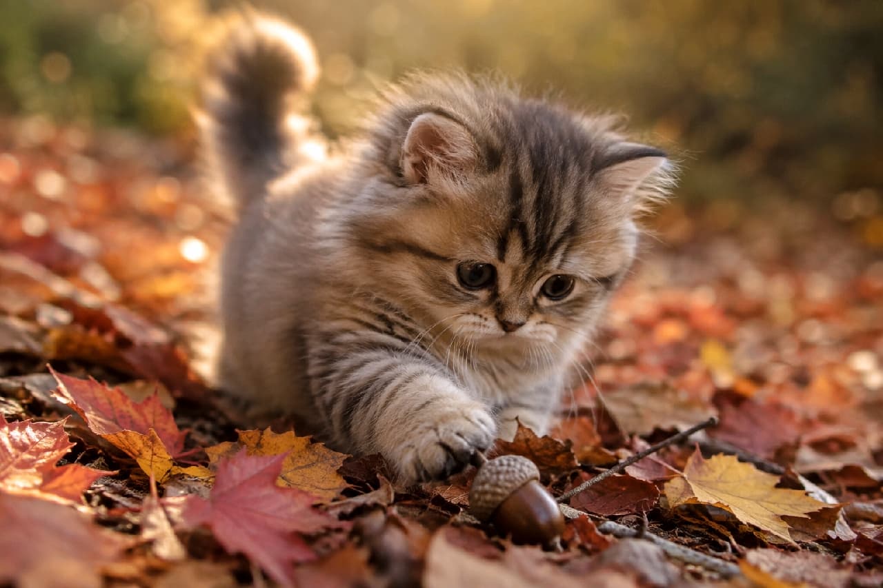「どんぐりハンター大活躍！🍂🐾 秋の森で見つけた小さなお宝に夢中な姿がたまらない可愛さです🌰✨ #ミヌエット #子猫のいる風景」Ultra-realistic high-quality photograph of a brown tabby Minuet kitten playing with an acorn, reaching out its short front paw among beautiful red and yellow fallen autumn leaves. The warm golden light of the magic hour backlights the kitten, outlining its fluffy fur and dramatically illuminating its earnest, innocent expression. 赤や黄色の美しい紅葉の落ち葉が敷き詰められた秋の森で、どんぐりに短い前足を伸ばして遊ぶキジトラ模様のミヌエットの子猫。夕暮れ時の暖かな黄金色の光（マジックアワー）が逆光となってふわふわの毛並みを縁取り、真剣で少しあどけない表情をドラマチックに照らし出しています