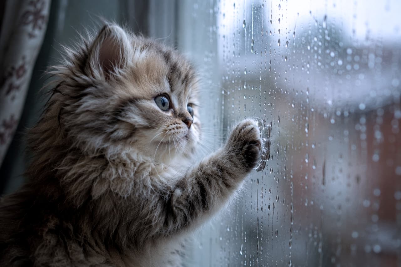 「雨がやまないかなぁとお外を見つめる横顔☔🐾窓ガラスに添えられた短めのおててが最高に可愛いです✨ #ミヌエット #子猫のいる風景」Ultra-realistic high-quality photograph of a brown tabby Minuet kitten gently placing its short front paw on a raindrop-covered windowpane, looking out wistfully. The moody lighting enhances the lyrical atmosphere of a quiet rainy day indoors. 雨粒が滴る窓ガラスに短い前足をそっとつき、外の景色を物憂げに見つめるブラウンタビーのミヌエットの子猫。ブルーグレーの瞳と横顔のシルエットが、雨の日の薄暗く静かな室内の雰囲気と相まって叙情的