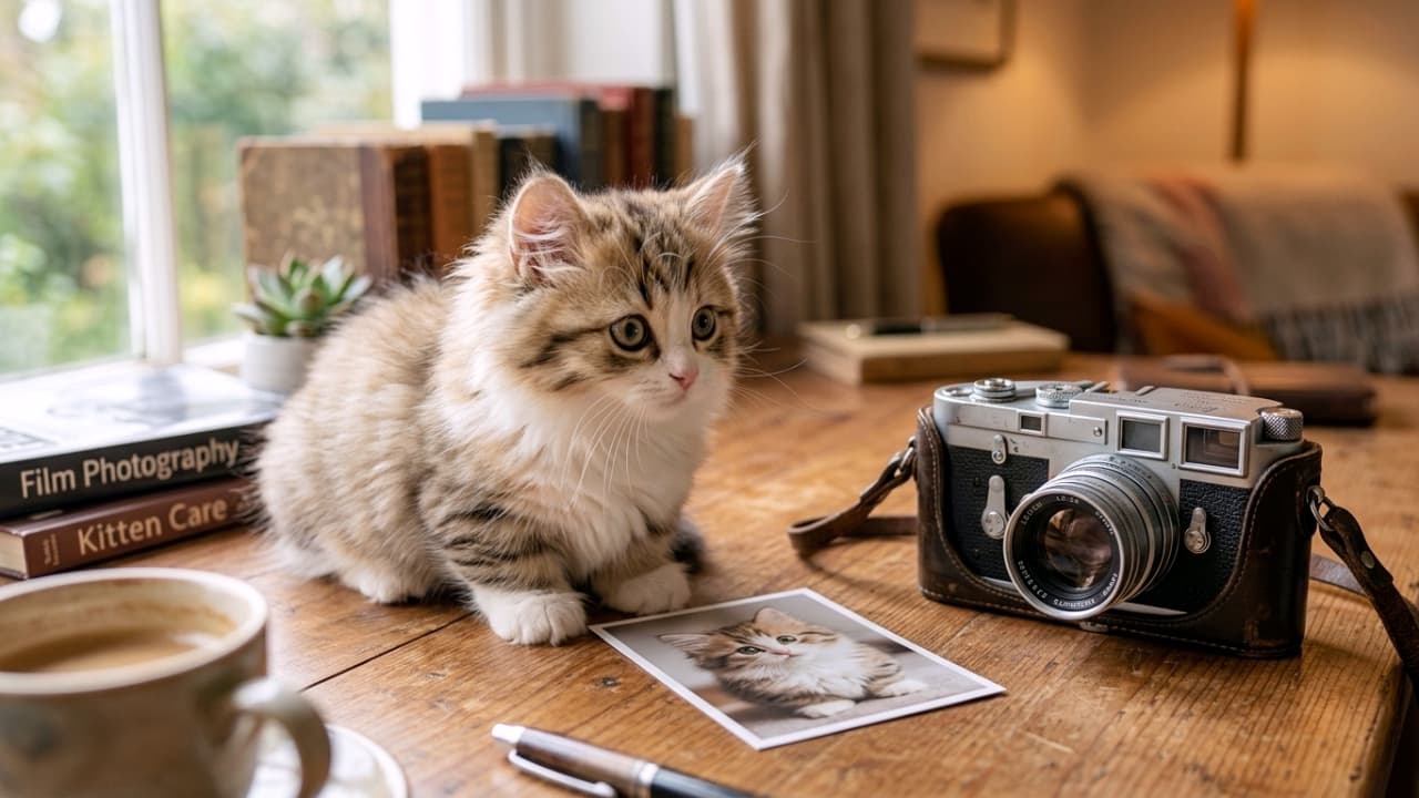 「カメラマン見習いのにゃんこ登場📸✨自分の写真を見て何を思ってるのかな？一緒にまったり時間を過ごしたいね🐾」Ultra-realistic high-quality photograph of a fluffy Minuet kitten with characteristic short legs sitting on a warm wooden desk, curiously looking at a printed photo next to a vintage camera in soft natural light. 画面内には被写体となるフサフサな被毛のミヌエット子猫が1匹います。温かな自然光が差し込む木製のデスク上で、短い足でお座りしながら大きな丸い瞳で現像された写真を見つめています。傍らにはヴィンテー