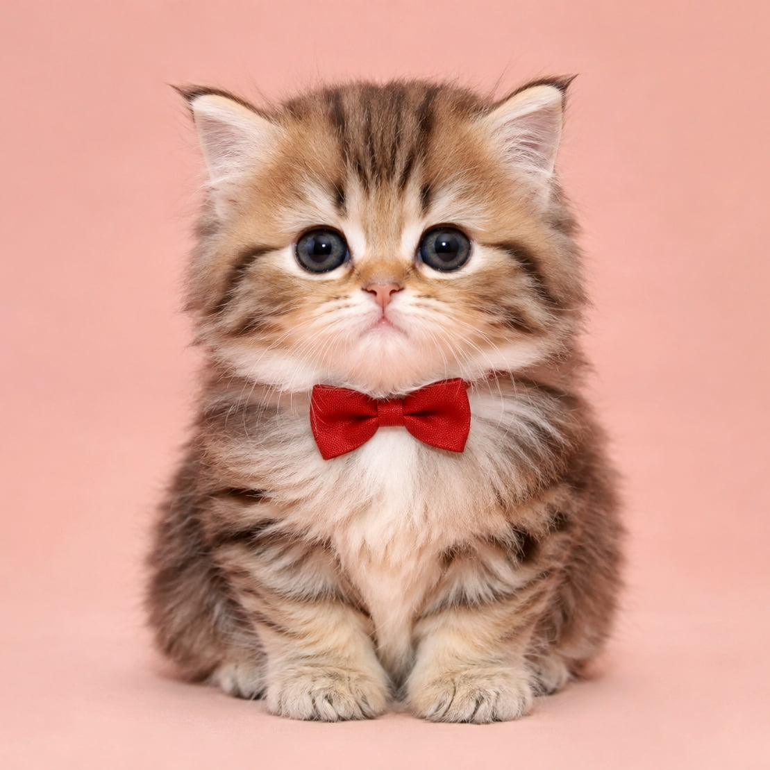 「赤い蝶ネクタイでおめかし完了🎀🐾お行儀よくお座りする姿が可愛すぎて、ずっと見つめ合っていたくなりますね👀✨ #ミヌエット #子猫のいる風景」Ultra-realistic high-quality photograph of a brown tabby and white Minuet kitten wearing a bright red bow tie, sitting neatly against a pale pastel pink background. Its fluffy fur, short front paws, and captivatingly large round dark eyes are captured directly from the front. 淡いパステルピンクの背景の前にちょこんとお座りをし、真っ赤な蝶ネクタイでおめかしをしたブラウンタビー＆ホワイトのミヌエットの子猫。ふさふさの被毛、短い前足、そして吸い込まれそうなほど大きくて丸い黒瞳が、真正面から捉えられています