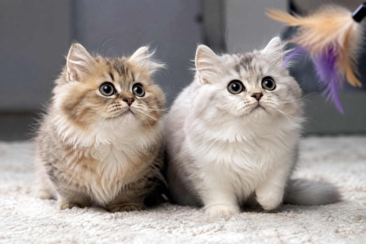 「ふたり揃って狙いをさだめて…！🪶🐾 真剣な瞳でシンクロする仲良しコンビから目が離せませんね🐈🐈 #ミヌエット #子猫のいる風景」Ultra-realistic high-quality photograph of two Minuet kittens sitting side-by-side on a fluffy white carpet, looking up together at a colorful feather toy in the upper right. The left is a golden tabby and the right is a silver tabby, both showing adorable, focused expressions with round eyes fixed on their prey. ふかふかの白いカーペットの上に並んで座り、画面右上のカラフルな羽根のおもちゃを揃って見上げる2匹のミヌエットの子猫。左はゴールデンタビー、右はシルバータビーの毛色で、どちらも真ん丸な瞳で獲物に集中する愛らしい表情を見せています