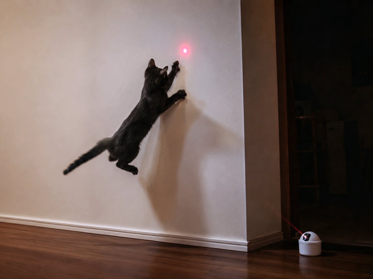 「スパイダーキャット現る!?🕷️✨赤い光を捕まえるためのアクロバティックな壁張り付き技が炸裂です🐈⬛💨 #黒猫 #エンリッチメント #子猫のいる風景」Ultra-realistic high-quality photograph of a black cat dynamically launching itself onto a white wall, appearing to stick to it while trying to catch a red laser light from a floor toy, with a strong shadow cast on the wall. フローリングの廊下で、自動レーザーポインターの赤い光を追って白い壁に勢いよく飛びつき、見事に張り付いているような姿勢の黒猫。後ろ足が完全に宙に浮いたアクロバティックなポーズと、壁に落ちる濃い影が、遊びに対する凄まじい執念と躍動感を表現