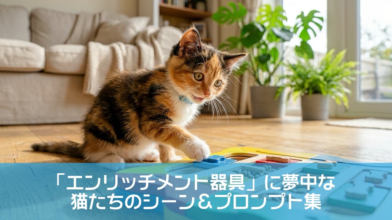 「おもちゃの仕組みに興味津々！🧩✨真剣な眼差しで遊ぶ姿がたまらないね🐾」Ultra-realistic high-quality photograph of a cute calico kitten playfully interacting with a colorful wooden puzzle feeder toy on a sunlit wooden floor in a cozy living room. 画面内には三毛猫の子猫が1匹います。明るい自然光が差し込むリビングのフローリングで、カラフルな木製の知育パズル玩具に前足を乗せ、好奇心に満ちた大きな瞳で真剣に遊んでいる情景が高精細に描写されています