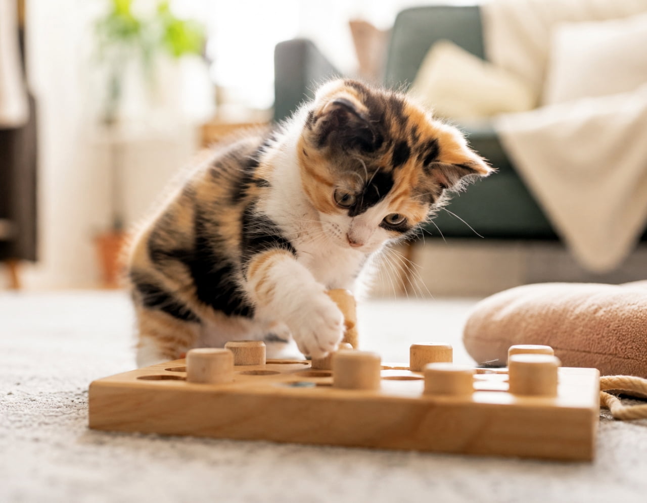 「木製パズルに全集中🐾🐾上手にオヤツ見つけられるかな?一生懸命な前足がたまらないですね💕 #三毛猫 #エンリッチメント #子猫のいる風景」A calico kitten playing enthusiastically with a wooden puzzle toy on a living room carpet. Ultra-realistic high-quality photograph featuring the kitten's focused expression and fluffy fur illuminated by soft natural light. 明るいリビングのカーペットの上で、木製の知育パズルに夢中になる三毛猫の子猫。白、黒、茶色の鮮やかな被毛を持ち、真剣な表情で小さな前足を伸ばして木のペグを動かそうとしています。柔らかな自然光が猫のふわふわの毛並みを照らし、温かみのある日常のワンシーンを切り取っています