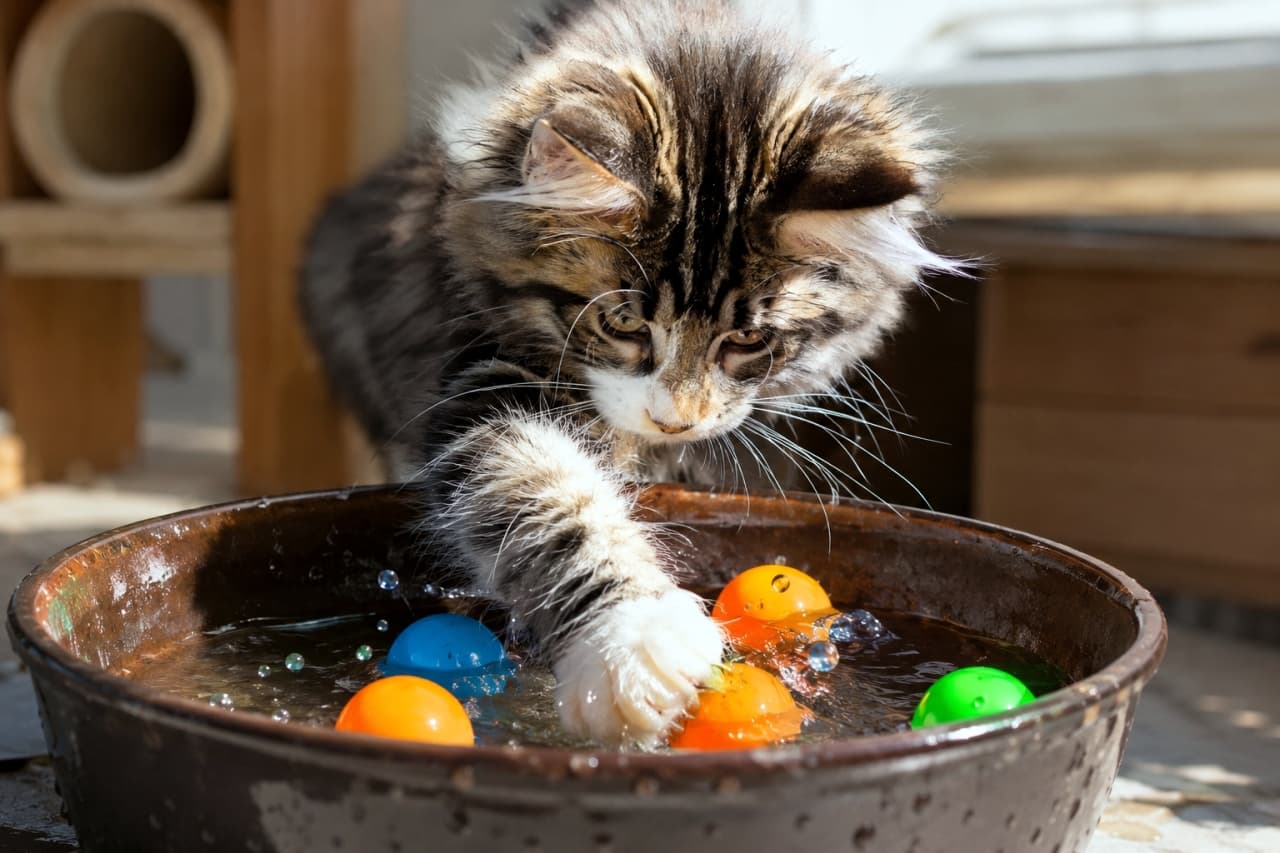 「水遊びだってへっちゃら💦浮かぶボールを上手にキャッチするハンターの華麗な水しぶきに注目です🐟✨ #メインクーン #エンリッチメント #子猫のいる風景」Ultra-realistic high-quality photograph of a Maine Coon kitten playing with colorful floating balls in a bowl of water, capturing splashing water droplets and the kitten's intense focus in bright sunlight. 陽の当たる室内で、水が張られた陶器の鉢に浮かぶ赤や青のカラフルなプラスチックボールを、前足で器用にすくい上げようとするメインクーンの子猫。水しぶきが光を反射し、真剣な眼差しと水に濡れた豊かな被毛の質感がドラマチックに切り取られています