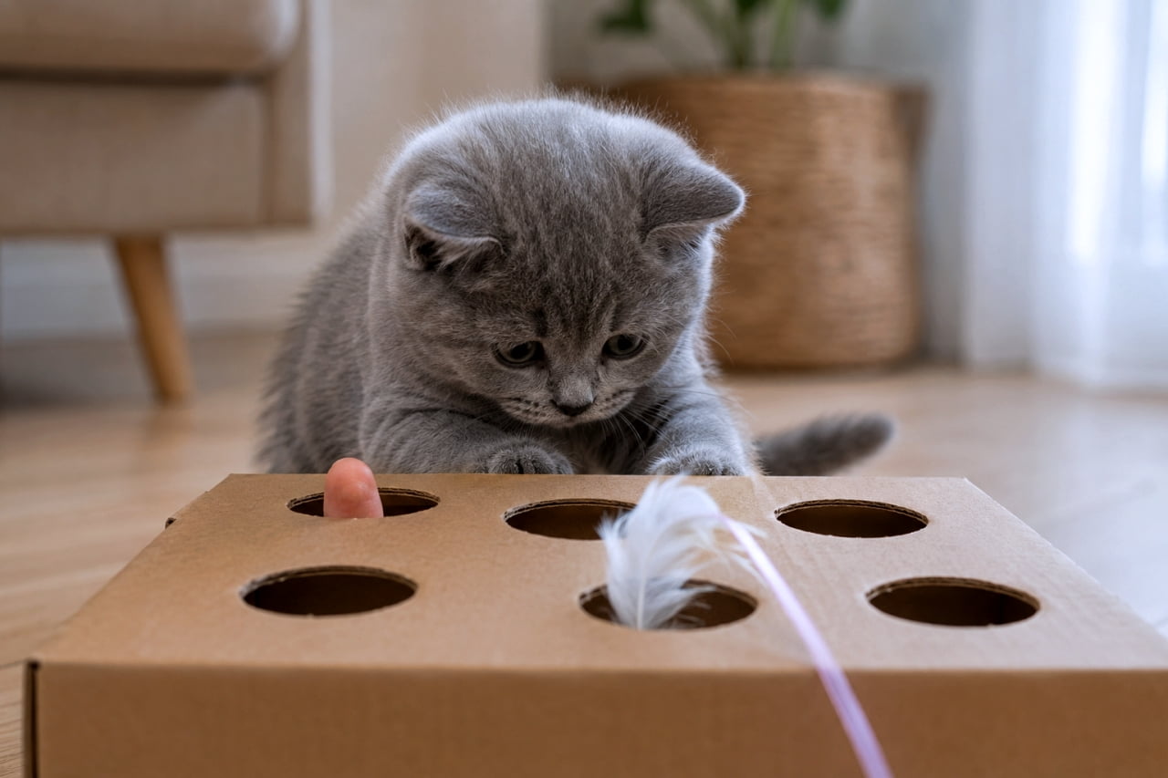 「モグラたたきゲーム開始🐾手作り段ボールの穴から出るおもちゃを真剣に狙う姿がたまらないですね😆✨ #ブリティッシュショートヘア #エンリッチメント #子猫のいる風景」Ultra-realistic high-quality photograph of a British Shorthair kitten focusing intently on feathers and fingers popping out of a homemade cardboard box toy on a bright living room floor. 明るいリビングのフローリングで、穴の開いた手作り段ボール箱から飛び出す羽根や指を、真剣な瞳で狙うブリティッシュショートヘアの子猫。密度の高いブルー(グレー)の被毛と丸いお顔が特徴的で、柔らかな自然光が好奇心旺盛な表情を照らしています