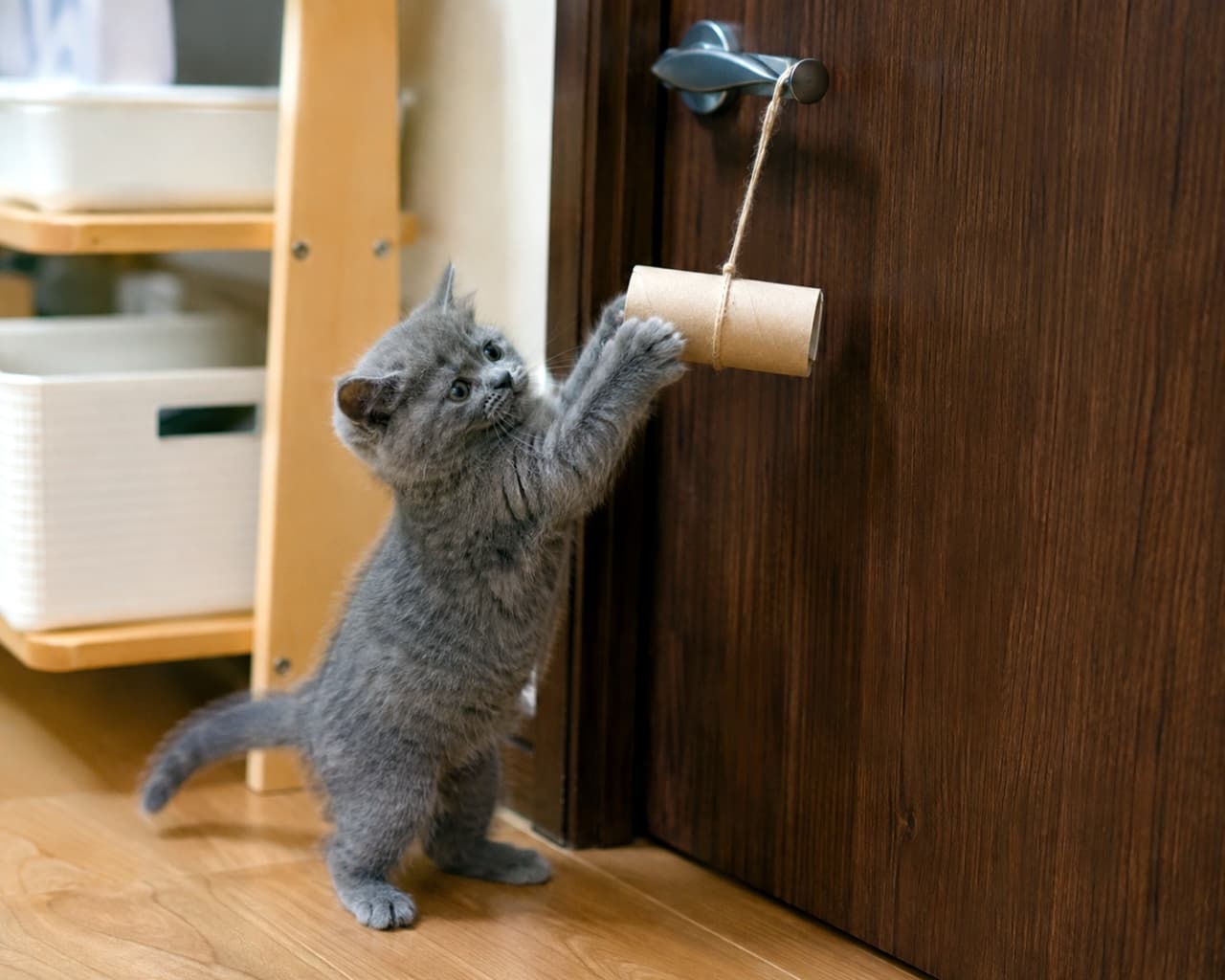 「届くかな!?🐾ドアノブに吊るした手作りおもちゃに全力で挑む短いお手々が可愛すぎますね🥰 #ブリティッシュショートヘア #エンリッチメント #子猫のいる風景」Ultra-realistic high-quality photograph of a gray British Shorthair kitten standing on its hind legs to play with a homemade cardboard tube hanging from a wooden door handle in a warm room. 木目のドアノブに紐で吊り下げられたトイレットペーパーの芯を、短い後ろ足で立ち上がり両手で掴もうとするブリティッシュショートヘアの子猫。もこもこしたグレーの被毛と、必死に手を伸ばす躍動感あるポーズが、温かい室内の光の中に美しく描写されています