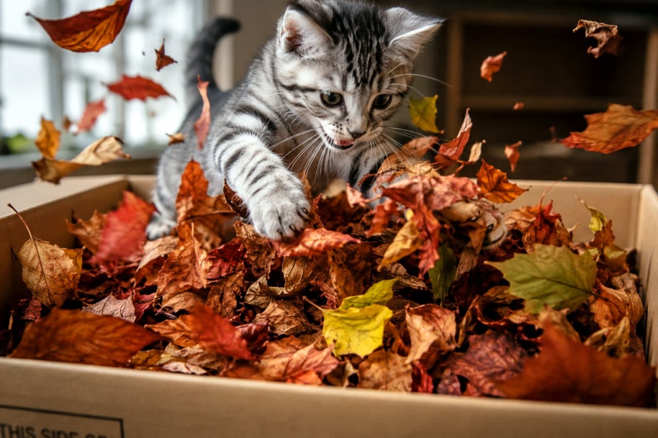 「秋の落ち葉プールで大はしゃぎ🍁✨カサカサ音にテンションMAXで遊ぶ姿から元気がもらえますね🐈💨 #サバトラ #エンリッチメント #子猫のいる風景」Ultra-realistic high-quality photograph of an energetic silver tabby kitten playing in a cardboard box filled with vibrant autumn leaves, enthusiastically reaching out with its paw towards fluttering leaves in soft window light. 段ボール箱の中にたっぷりと敷き詰められた赤や黄色の秋の落ち葉の中で、宙に舞う葉っぱに向かって力強く前足を伸ばすサバトラ(シルバータビー)の子猫。少し口を開けた興奮気味の表情と、美しい縞模様の被毛が、窓辺の柔らかな光に照らされて躍動感たっぷりに描写されています