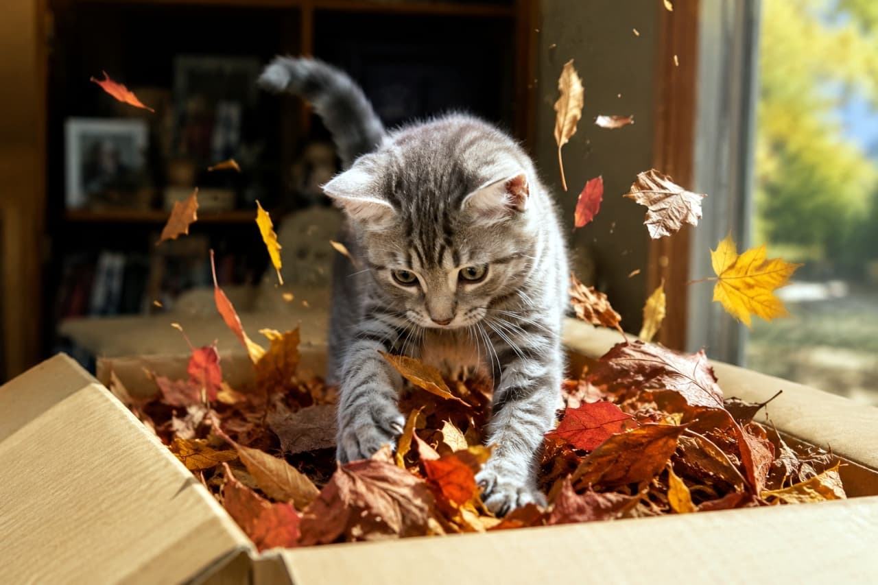「お部屋の中に秋がやってきた🍁✨カサカサ鳴る落ち葉のプールに大興奮でダイブする姿がたまりません🐈💨 #サバトラ #エンリッチメント #子猫のいる風景」Ultra-realistic high-quality photograph of a silver tabby kitten joyfully pouncing into a cardboard box filled with vibrant red and yellow fallen leaves, capturing the dynamic motion of leaves fluttering in the air near a sunny window. 窓辺に置かれた段ボール箱に敷き詰められた、赤や黄色の色鮮やかな落ち葉の中に勢いよく飛び込むサバトラ(シルバータビー)の子猫。両前足を広げて着地する瞬間の躍動感と、宙に舞うカサカサとした落ち葉が、光の中でドラマチックな秋のエンリッチメントを演出