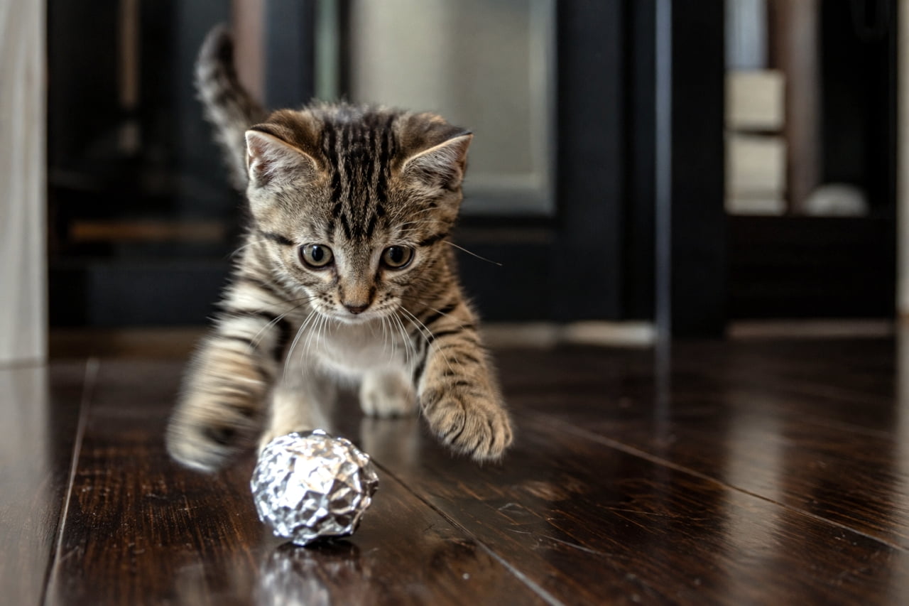 「狙った獲物は逃がさない🐈💨手作りアルミボールに猛ダッシュする小さなハンターの躍動感が最高! #キジトラ #エンリッチメント #子猫のいる風景」Ultra-realistic high-quality photograph of a tabby kitten dynamically pouncing on a crumpled silver foil ball on a dark wooden floor. The sharp focus on its intense eyes contrasts perfectly with the motion blur of its striking paws. ダークブラウンの床の上で、丸めた銀色のアルミホイルボールに向かって勢いよく飛びかかるキジトラの子猫。顔と瞳には鋭くピントが合い、差し出した両前足に生じた躍動感のあるブレが、ハンターとしての俊敏なスピード感と迫力をダイナミックに伝えています