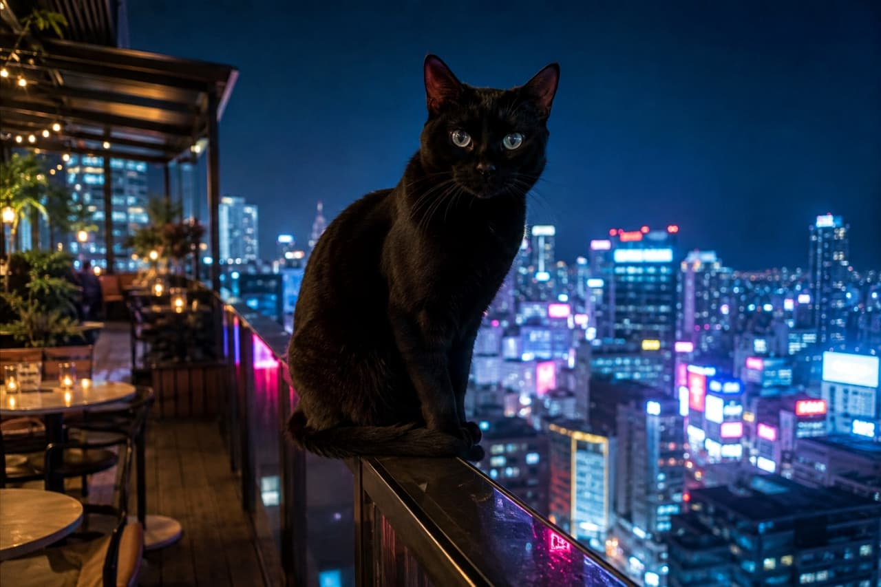 「ネオン輝く夜の街を見下ろす、クールな黒猫マスター🍸🌃 ルーフトップでの極上の夜風を一緒に楽しみませんか?🐈⬛✨ #黒猫 #ルーフトップカフェ #猫のいる風景」Ultra-realistic high-quality photograph of a sleek adult black cat sitting on the glass railing of a rooftop cafe. The feline's silhouette and piercing emerald eyes contrast stunningly against a vibrant, out-of-focus background of a neon-lit cyberpunk cityscape at night in vibrant blues, pinks, and purples. きらびやかなネオンが輝く大都会の夜景を背景に、ルーフトップカフェのガラス手すりの上に座る艶やかな黒猫の成猫。ミステリアスに光るエメラルドグリーンの瞳と漆黒のシルエットが、サイバーパンクな紫と青の街の明かりに美しく映え、洗練された大人の時間を演出する高画質写真