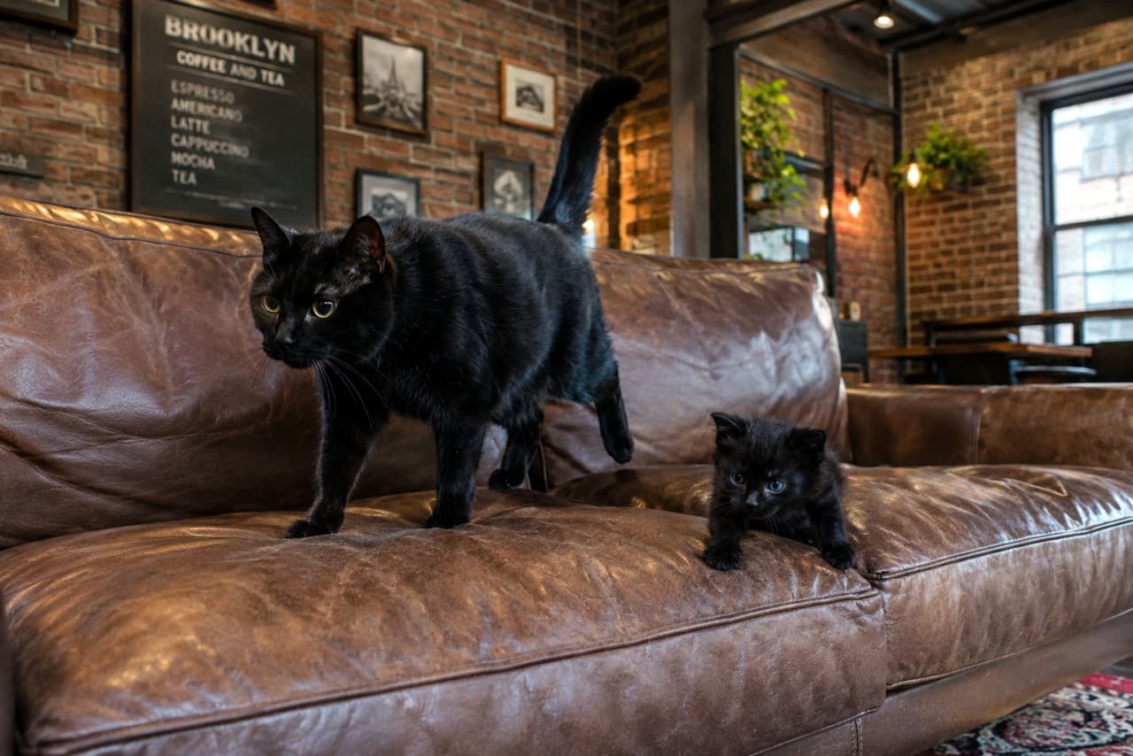 「ブルックリン風の渋いカフェでくつろぐ黒猫親子☕️🐈⬛ ツヤツヤの毛並みとレザーソファの相性が最高すぎる…!✨ #黒猫 #カフェ #猫のいる風景」Ultra-realistic high-quality photograph of a Bombay-style adult black cat with glossy fur and golden eyes walking on a vintage brown leather sofa in a Brooklyn-style cafe with brick walls. A small black kitten with blue eyes is standing next to the adult cat, bathed in warm atmospheric lighting. レンガ調の壁とヴィンテージ感溢れるブラウンのレザーソファが特徴的なブルックリンスタイルのカフェ店内。艶やかな被毛と黄金色の瞳を持つボンベイ風の黒猫の成猫がソファの上を歩き、そのすぐ横には少し不安げな青い瞳をした黒猫の子猫が寄り添うように立ち止まっている、温かみのある照明に包まれた高画質写真