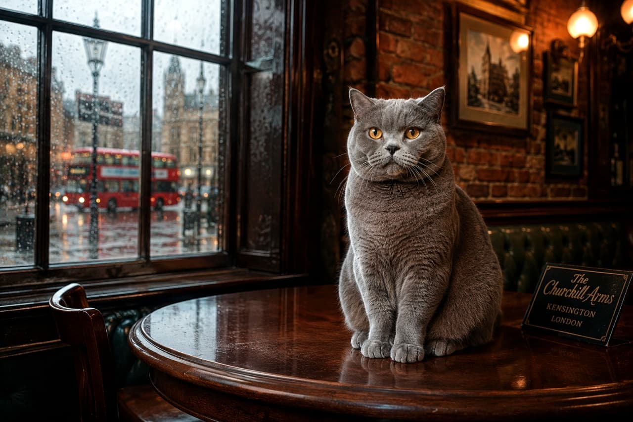 「雨のロンドンを眺める英国紳士な猫ちゃん☔️☕️ どっしり構えた丸いフォルムと深みのある瞳に惹き込まれますね🍂 #ブリティッシュショートヘア #カフェ #猫のいる風景」Ultra-realistic high-quality photograph of a majestic British Shorthair cat with dense blue-grey fur and large copper eyes, sitting on a polished wooden table. The background features a large window showing a rainy London street with a red double-decker bus, creating a moody, cinematic atmosphere in a traditional pub. 雨に濡れたロンドンの街並みと赤い2階建てバスが窓越しに見える、伝統的な英国パブ風のカフェ。磨き上げられた丸い木製テーブルにどっしりと座る、ブルー(灰色)の密生した被毛と大きな丸いカッパー(銅色)の瞳を持つブリティッシュショートヘアの成猫。重厚でシネマティックな高画質写真