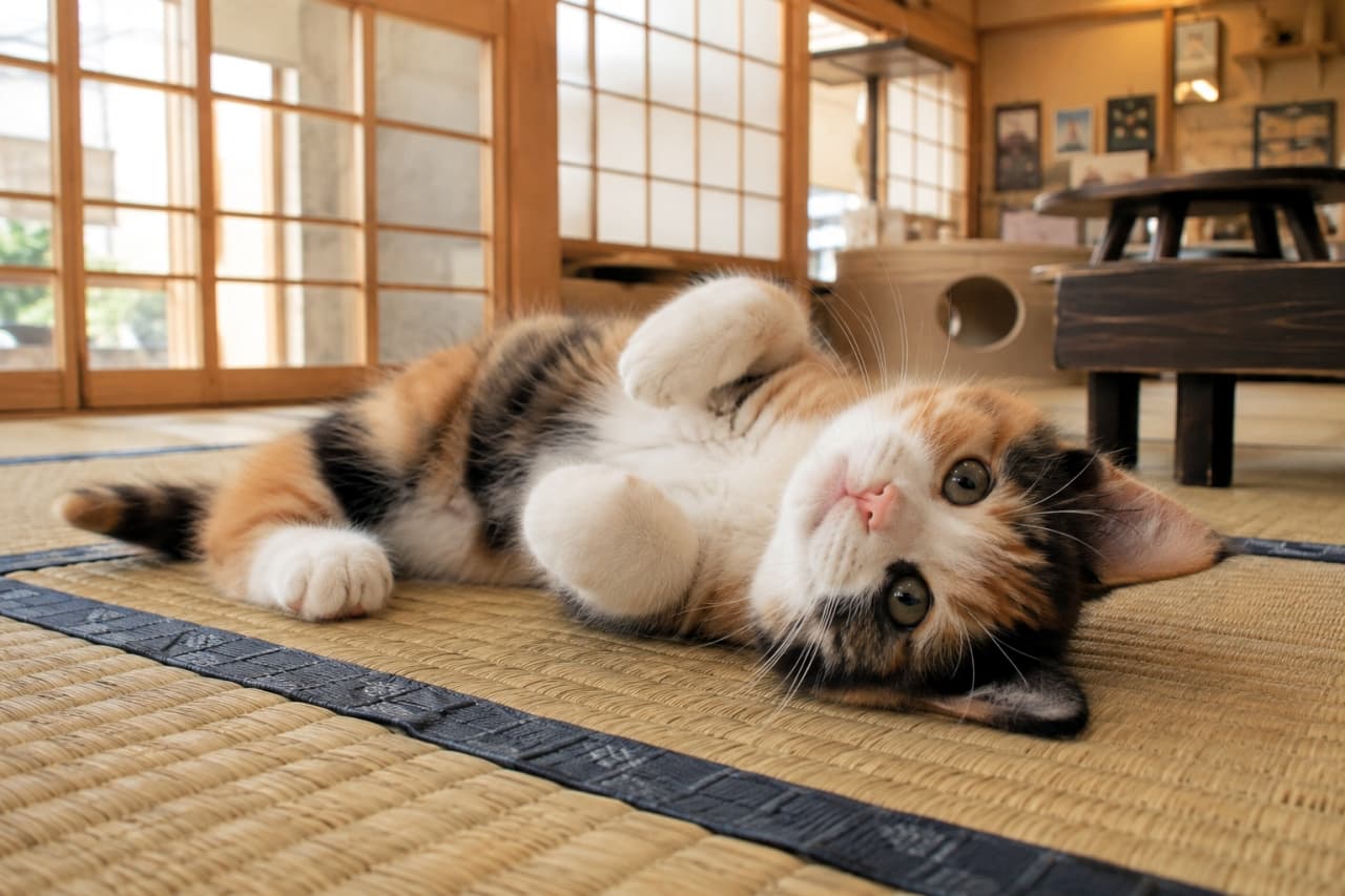 「畳の上でゴロンとへそ天ポーズ🐾和風空間と三毛猫ちゃんの組み合わせは究極の癒しですね🍵🐈 #三毛猫 #猫カフェ #子猫のいる風景」Ultra-realistic high-quality photograph of an adorable calico kitten lying on its back on tatami mats, looking directly at the camera. The background features a warm Japanese-style cat cafe with shoji screens and wooden furniture. 和風猫カフェの畳の上で仰向けになり、リラックスしたポーズでこちらを見つめる三毛猫の子猫。障子や木製家具が並ぶ温かみのある和室の背景と、丸いパステルカラーの瞳、白・茶・黒の柔らかい被毛が繊細に描写された高画質写真