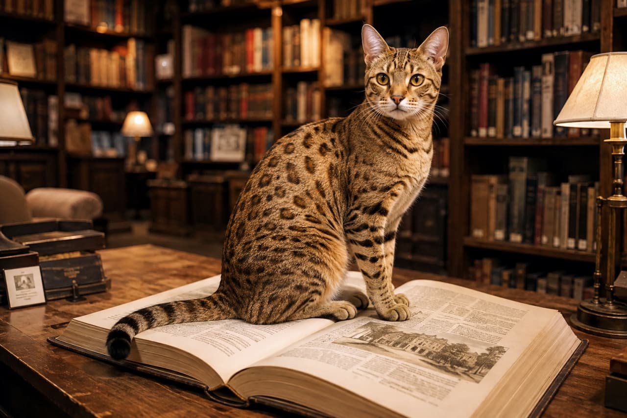 「夜の静寂を楽しむ大人のブックカフェ時間🕰️📖 気高い猫館長が見守る特等席で、素敵な物語に出会えそう🐾 #オシキャット #ブックカフェ #猫のいる風景」Ultra-realistic high-quality cinematic photograph of a majestic Ocicat with striking leopard spots resting on a large antique book in a classic library cafe. Warm ambient lighting from a vintage desk lamp highlights its golden eyes and elegant posture against dark wooden bookshelves. クラシカルな書斎風のブックカフェで、重厚なアンティークの洋書の上に気高く佇むオシキャットの成猫。美しいレオパード柄のしなやかなボディと、カメラを真っ直ぐに見つめる黄金色の瞳が、薄暗く落ち着いた間接照明の中に浮かび上がるシネマティックな高画質写真
