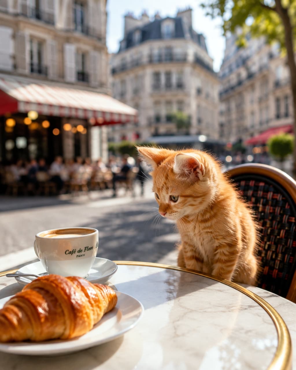 「パリの街角で朝食タイム?🥐☕️ クロワッサンから目を離せない茶トラちゃんが愛おしすぎます💕 #茶トラ猫 #カフェ #猫のいる風景」Ultra-realistic high-quality photograph of a fluffy ginger tabby kitten sitting at a marble table in a Parisian street cafe. The kitten is looking intently at a large, glossy croissant and a cup of coffee. The background features beautifully blurred Parisian architecture and a red cafe awning under soft sunlight. パリの美しい街並みとカフェの赤いオーニングを背景に、テラス席の大理石テーブルに座る茶トラの子猫。ふわふわの被毛に陽の光を浴びながら、お皿に乗ったツヤのある大きなクロワッサンと白いカップのコーヒーを興味津々な様子でじっと見つめている、柔らかいボケ感が美しい高画質写真