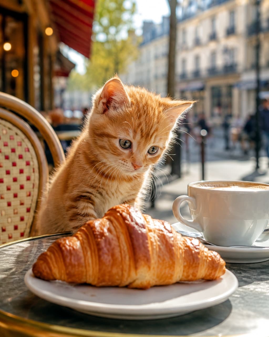「「その大きなクロワッサン、一口ちょうだい!」🥐🐾 パリの朝のテラス席でイタズラを企む茶トラちゃんに思わず笑顔☺️ #茶トラ猫 #カフェ #猫のいる風景」Ultra-realistic high-quality photograph of a ginger tabby kitten bathed in sunlight, reaching its paw towards a freshly baked croissant larger than its face at a Parisian terrace cafe. The kitten's large eyes are full of curiosity, set against a background of rattan chairs, a coffee cup, and softly blurred street trees. パリの活気ある街角のカフェテラス席。陽光を浴びて黄金色に輝く茶トラの子猫が、自分の顔よりも大きな焼き立てのクロワッサンに前足を伸ばそうとしている瞬間。大きな瞳は好奇心に満ちており、ラタンの椅子やエスプレッソカップ、背景のぼやけた街路樹がヨーロッパの朝の空気を演出している一枚